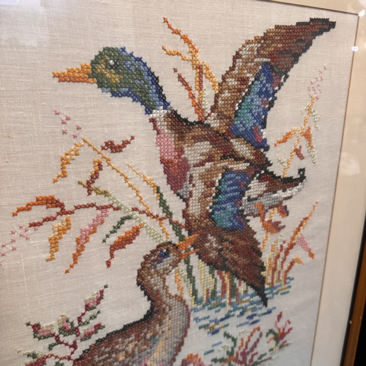 24” x 27” Vintage Framed Cross Stitch of Two Mallard Ducks - photo 2