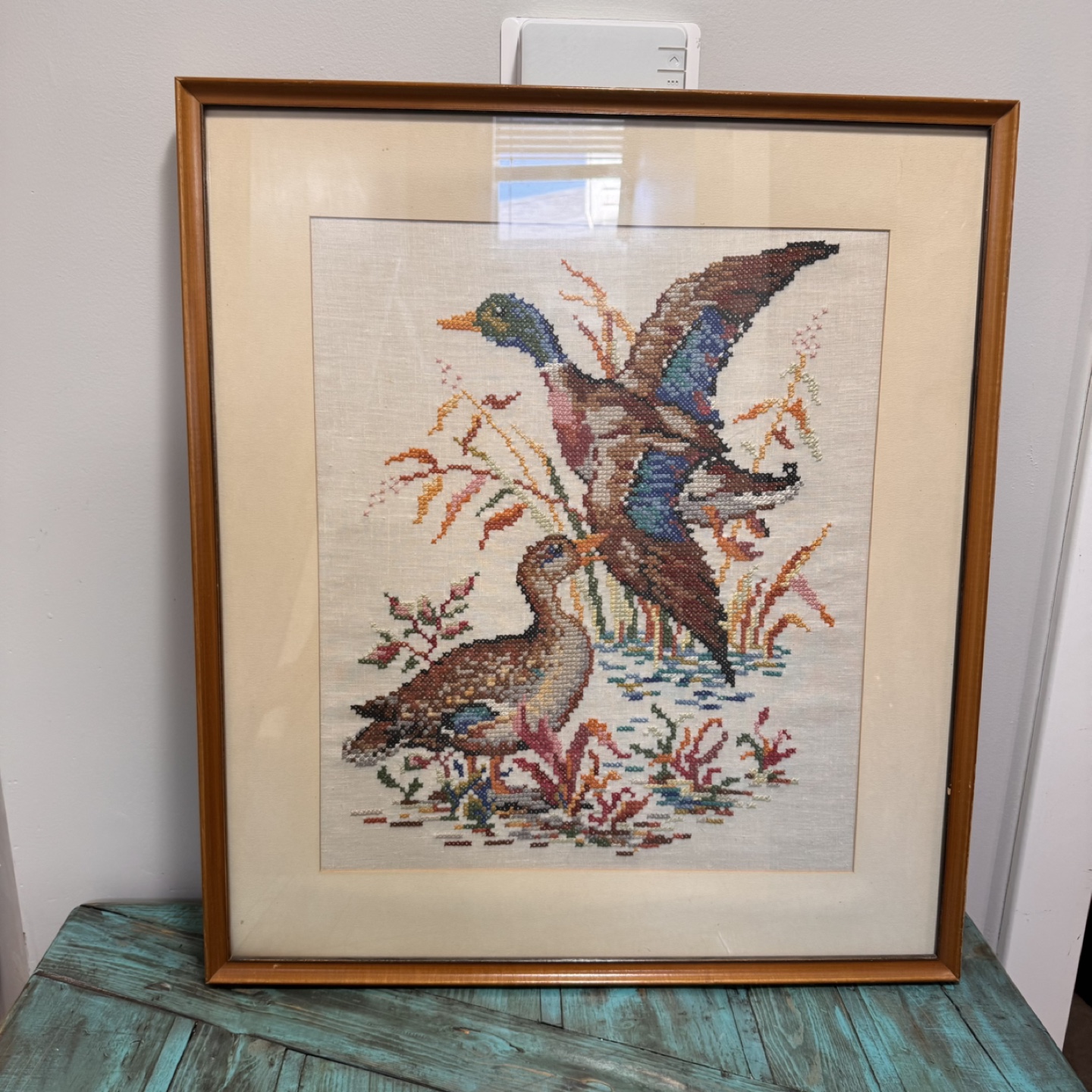 24” x 27” Vintage Framed Cross Stitch of Two Mallard Ducks
