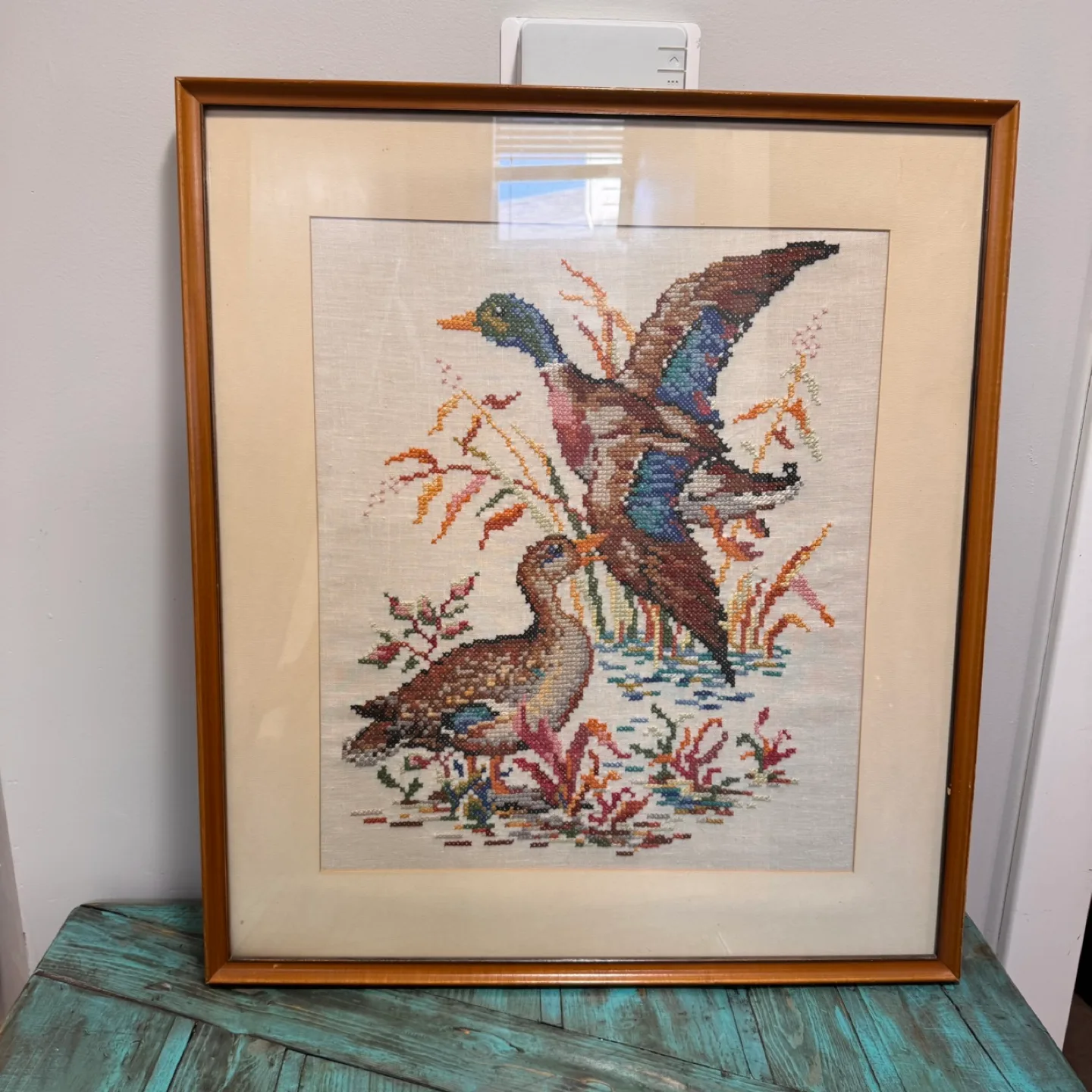 24” x 27” Vintage Framed Cross Stitch of Two Mallard Ducks thumbnail
