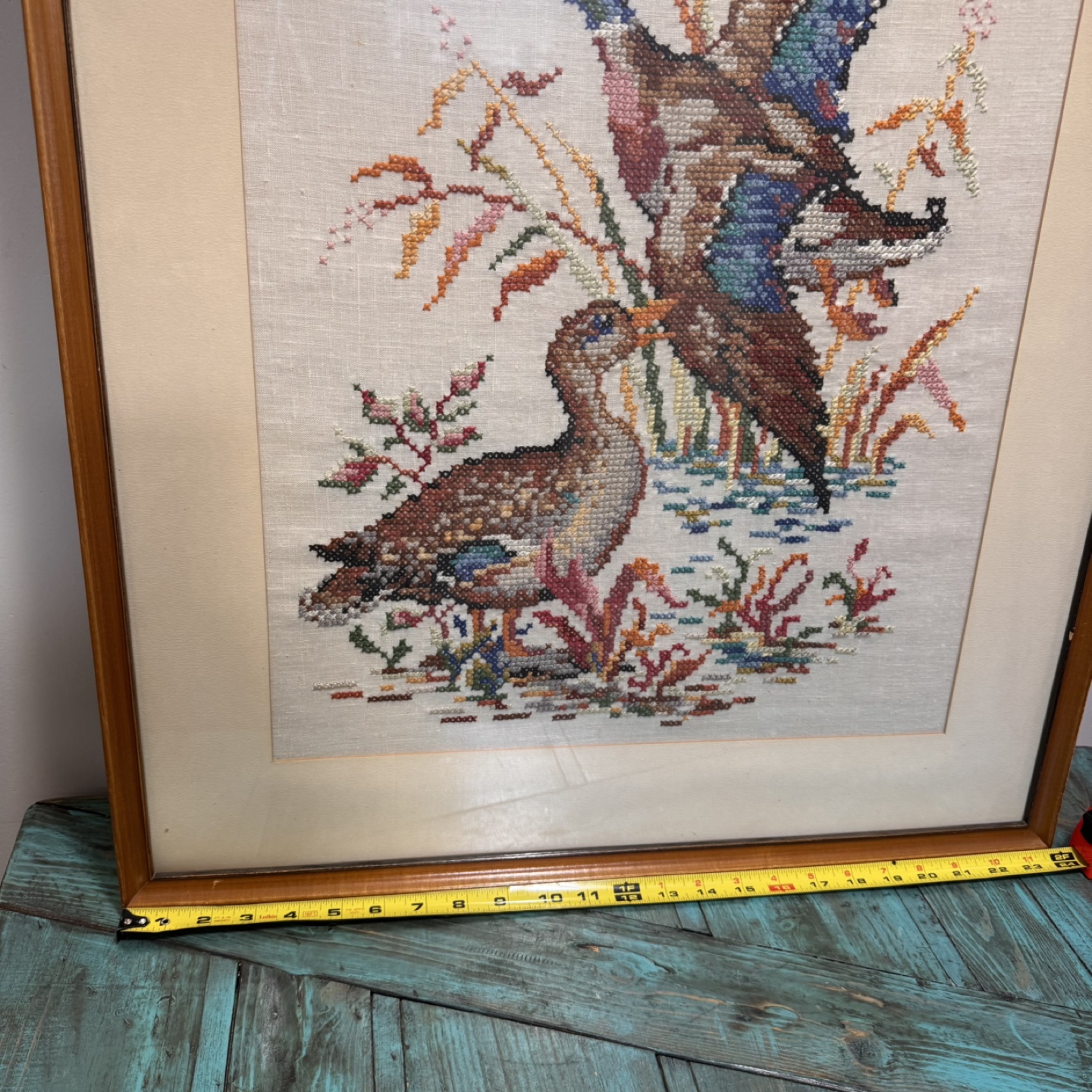 24” x 27” Vintage Framed Cross Stitch of Two Mallard Ducks - photo 4