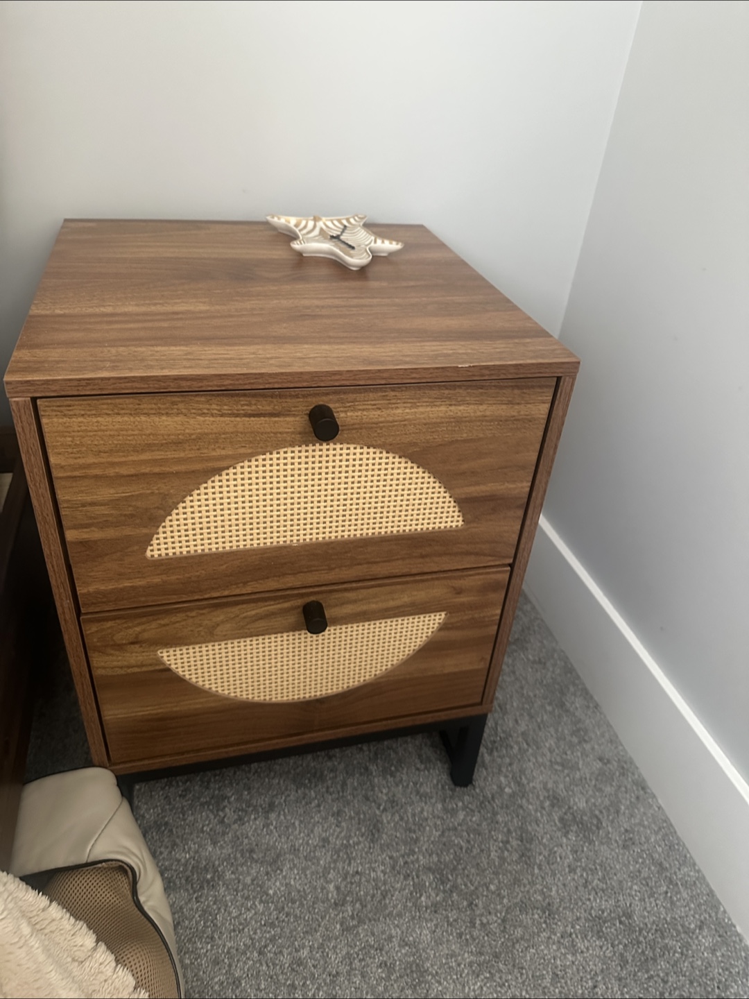 Wooden Nightstand with Wicker Design