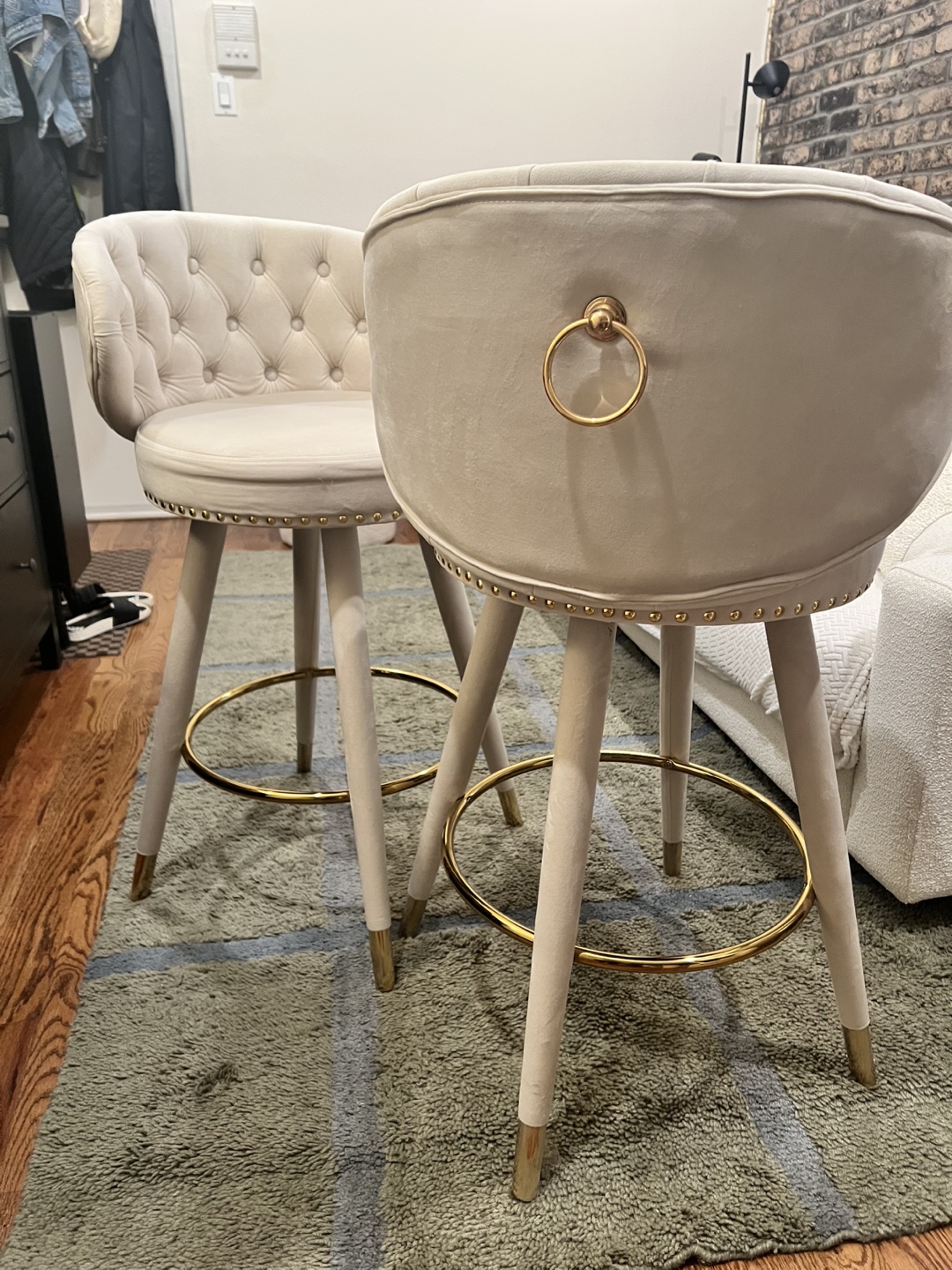 Pair of 360 swivel bar stools upholstered 27.5”