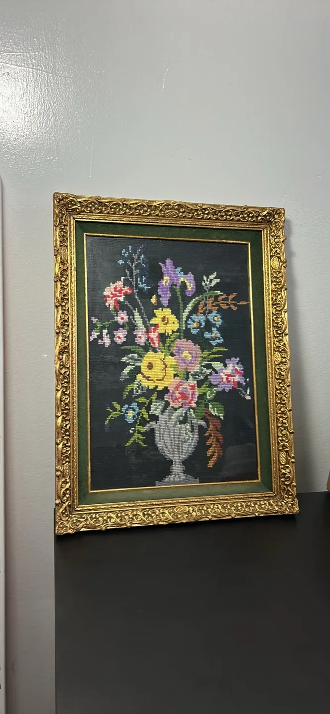Vintage Floral Needlepoint in Ornate Gold Frame thumbnail