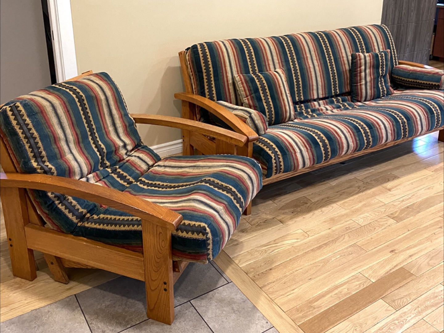 Lovely Solid Wood Futon Sofa Bed Set with Chair (CAN DELIVER) - photo 2