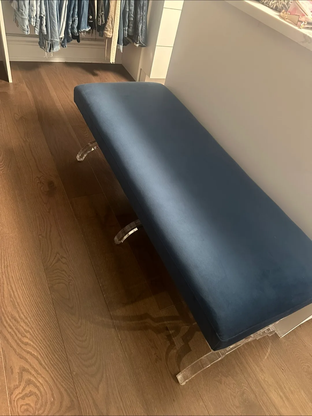 Large Blue Velvet Bench with Clear Acrylic Legs thumbnail