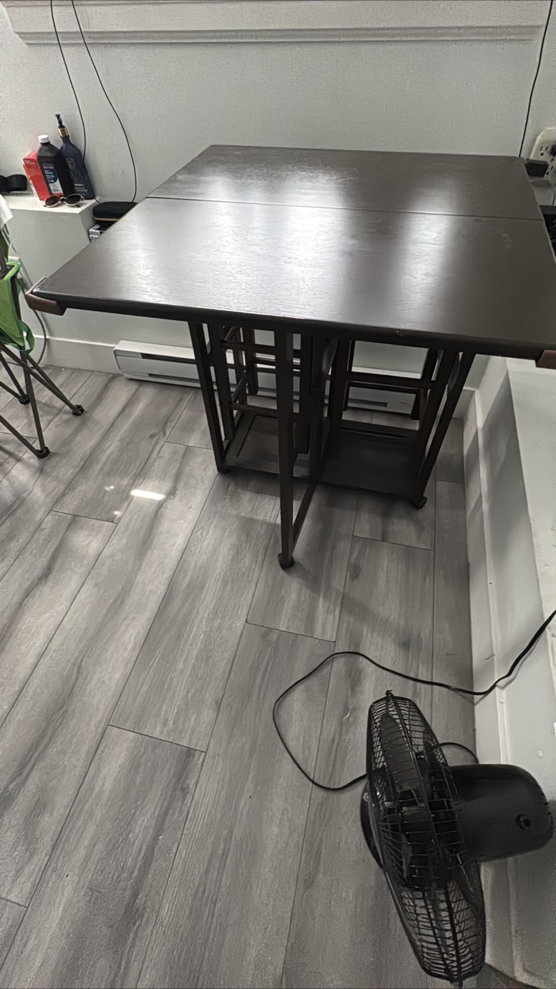 Brown kitchen island with fold out table and two stools - photo 5