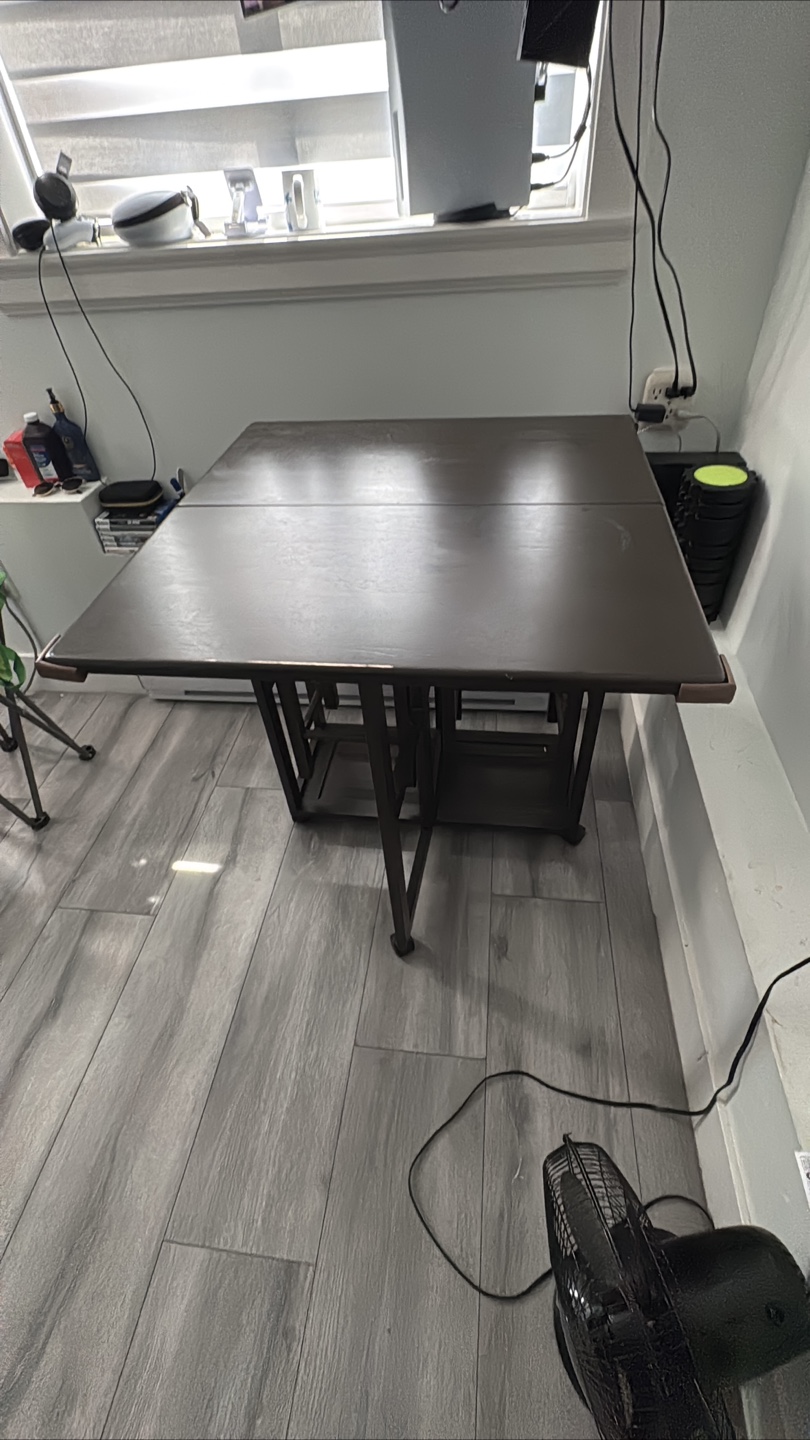 Brown kitchen island with fold out table and two stools - photo 4