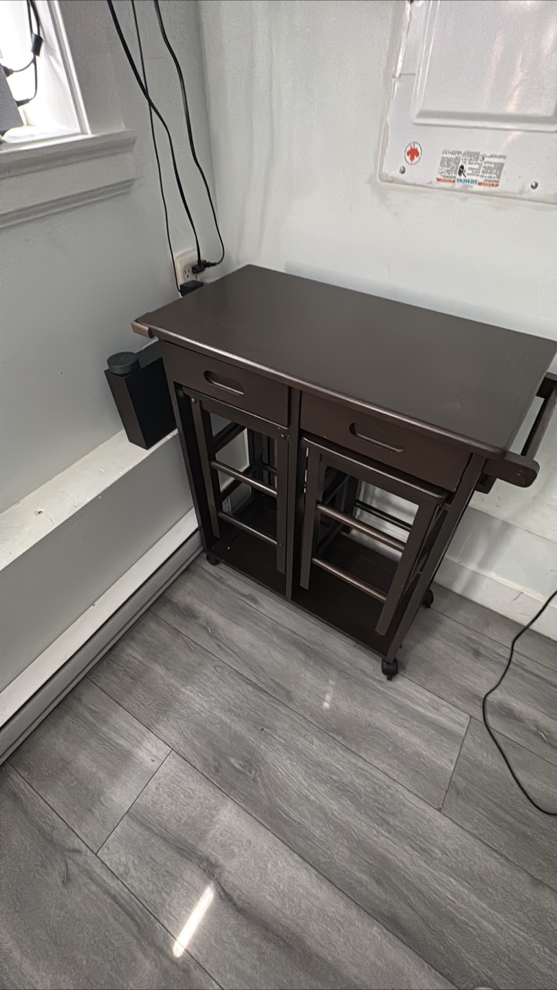 Brown kitchen island with fold out table and two stools - photo 2
