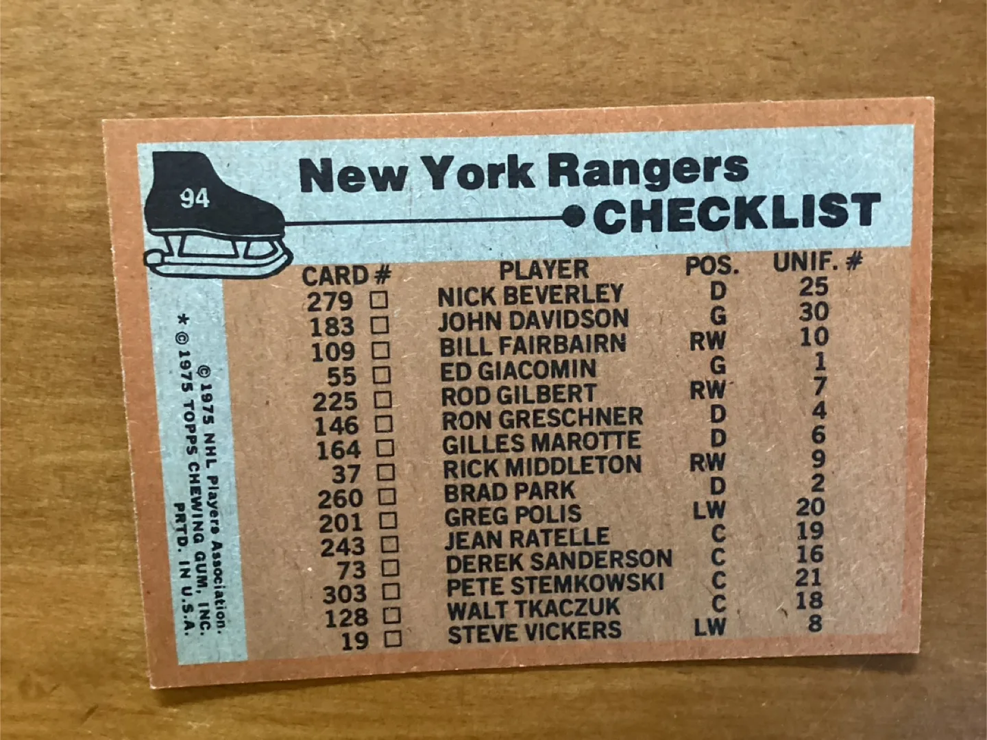1974-75 TOPPS NEW YORK RANGERS CHECKLIST Card # 94 image indicator(2)