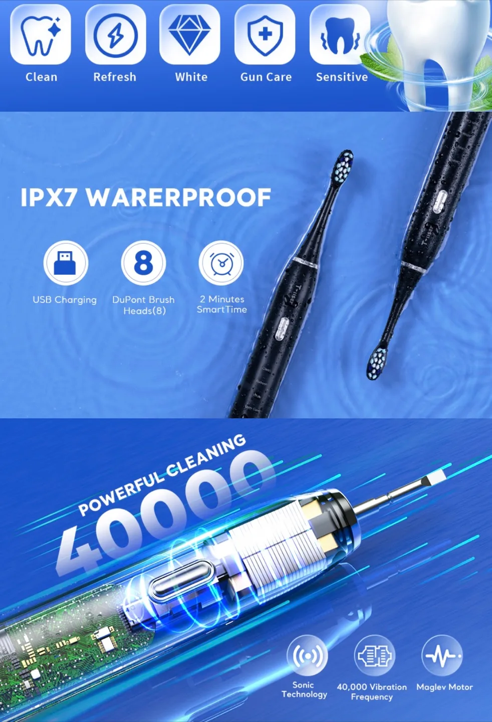 T-iiser Sonic Electric Toothbrush with Multiple Heads image indicator(7)