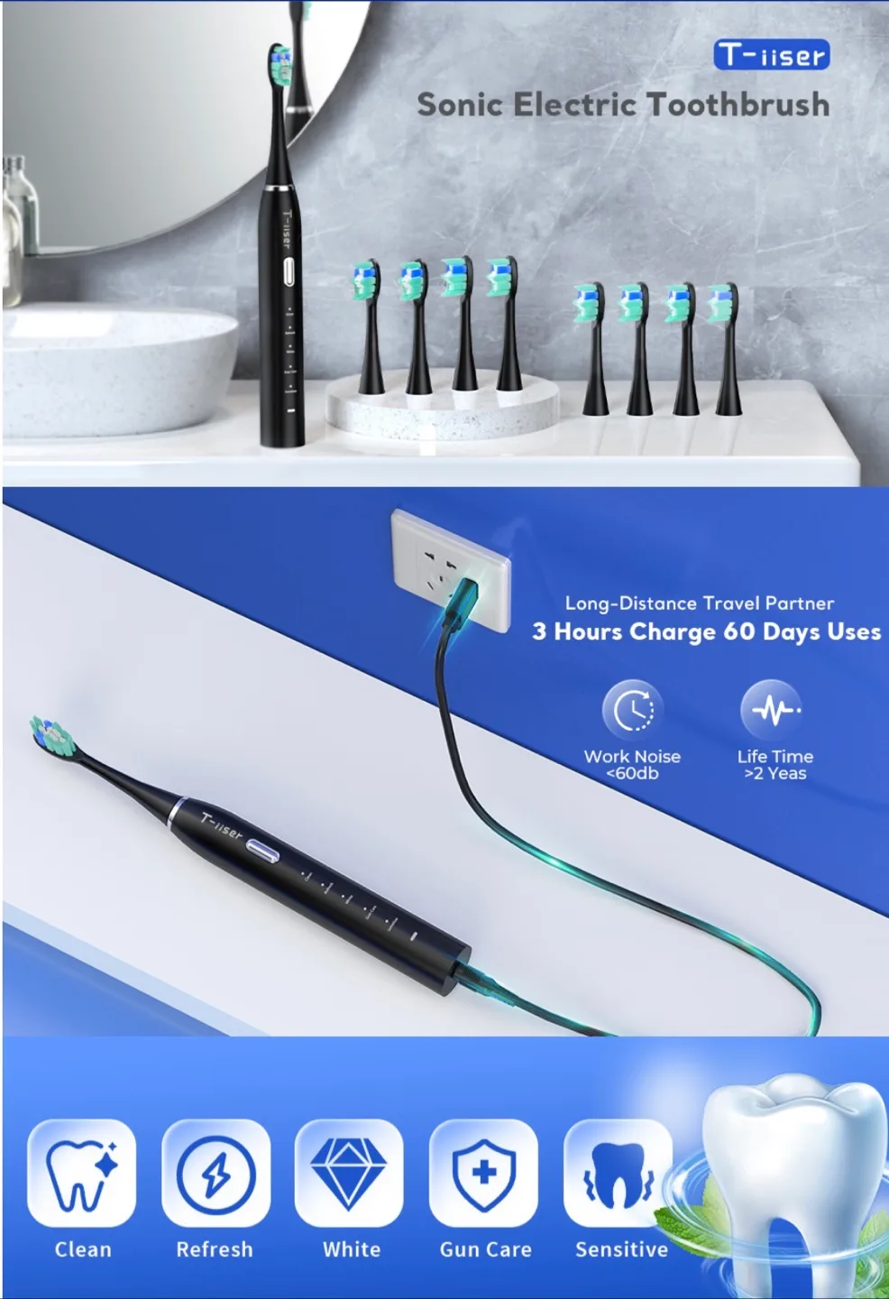 T-iiser Sonic Electric Toothbrush with Multiple Heads image indicator(8)