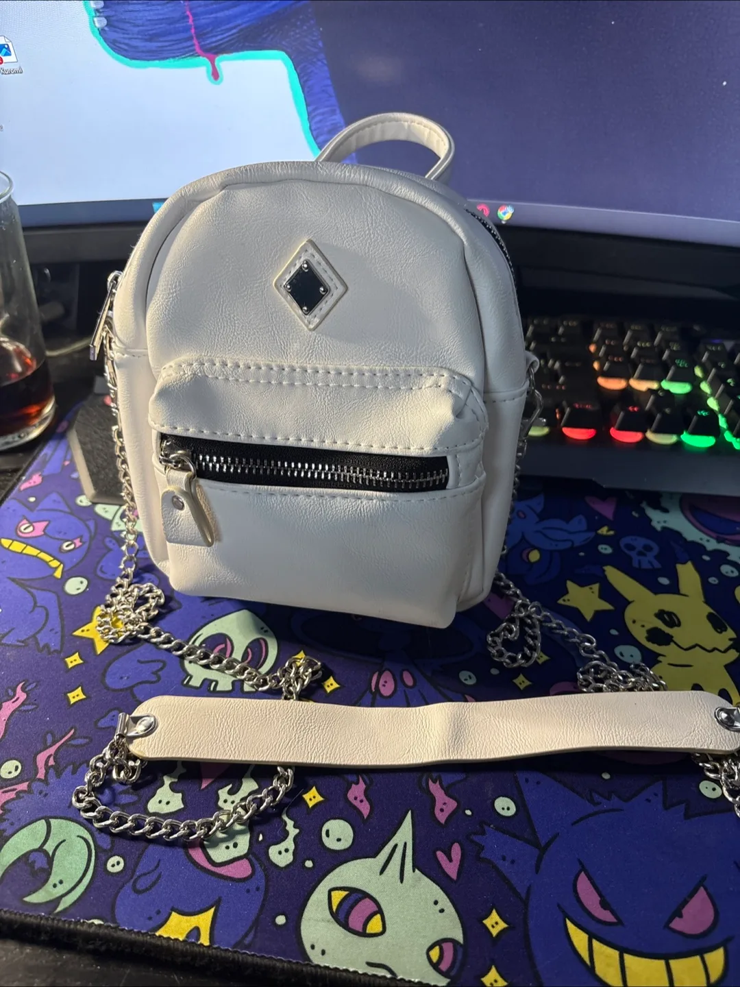 White Mini Backpack with Chain Strap thumbnail