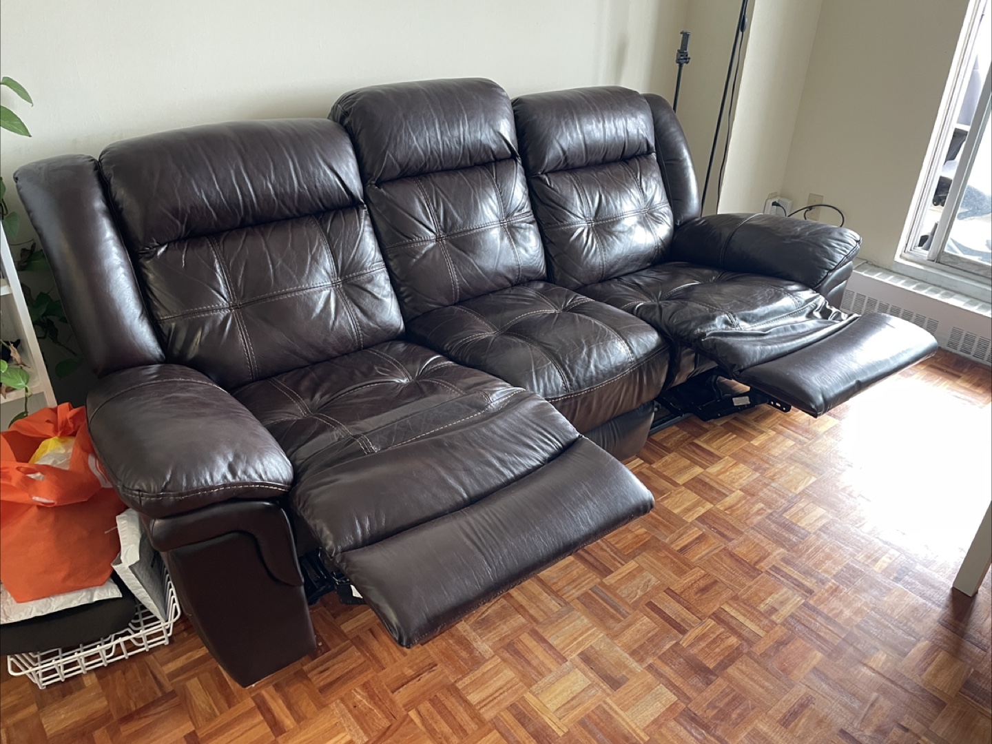Brown Leather Recliner Sofa and coffee table