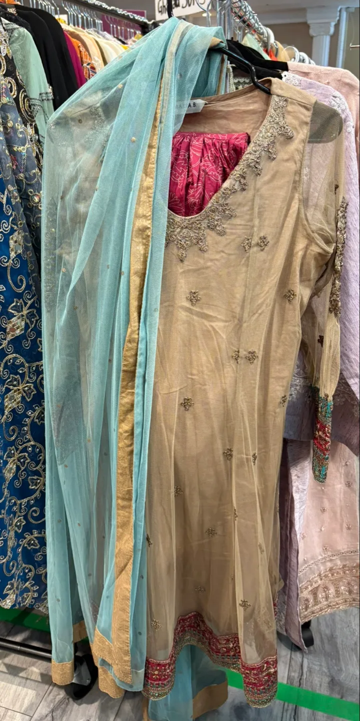 Beaded Beige Dress with Pink Underskirt and Blue Scarf thumbnail