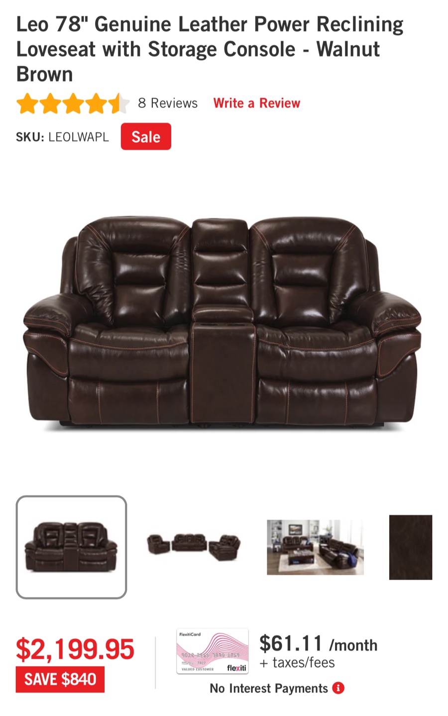 Genuine Leather Power Reclining Loveseat with Storage Console