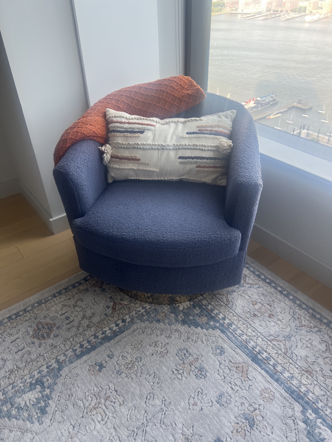 Cozy Blue Swivel Chair with Throw Pillow and Blanket - photo 2