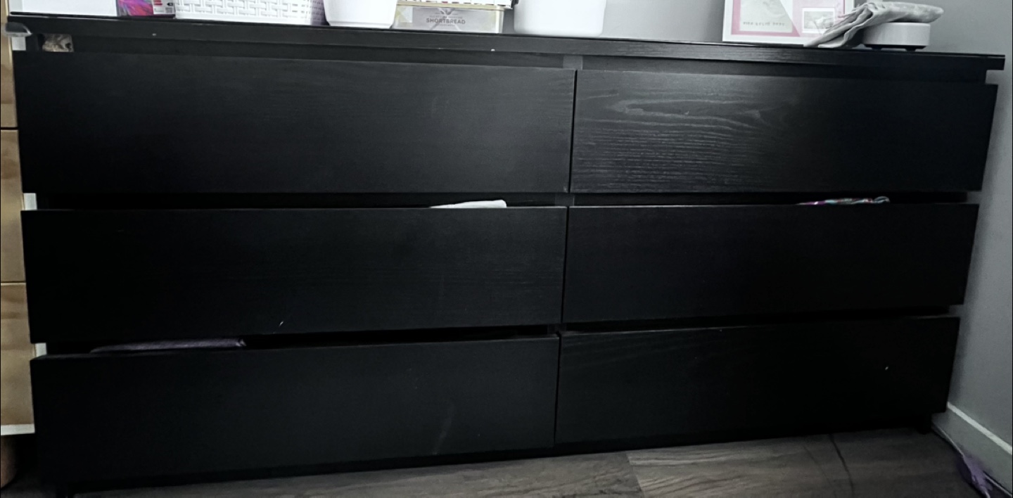 Ikea Malm Black Dresser with Six Drawers Glass Top