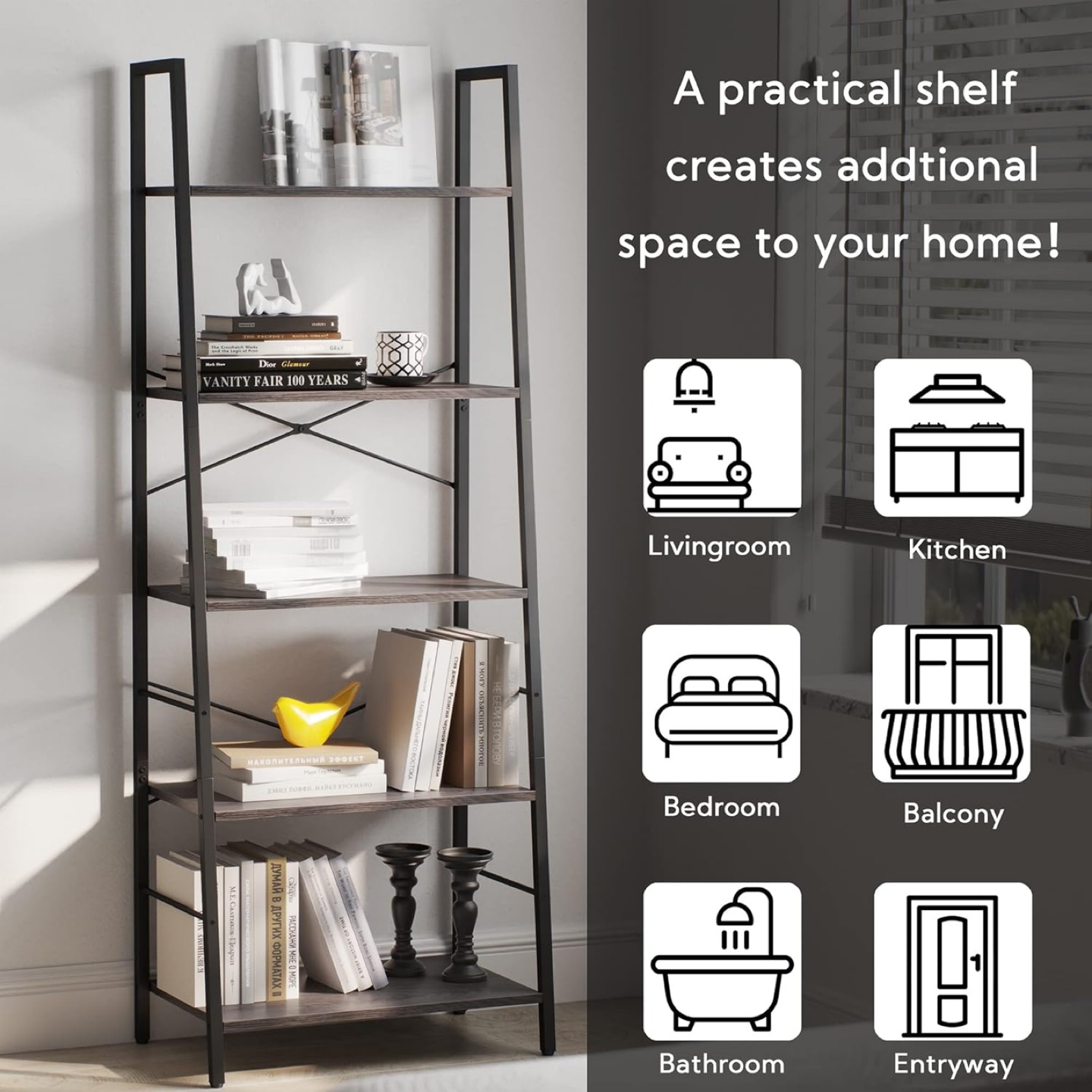 Bookshelf – 5-Tier Ladder Style, Modern & Space-Saving - photo 5