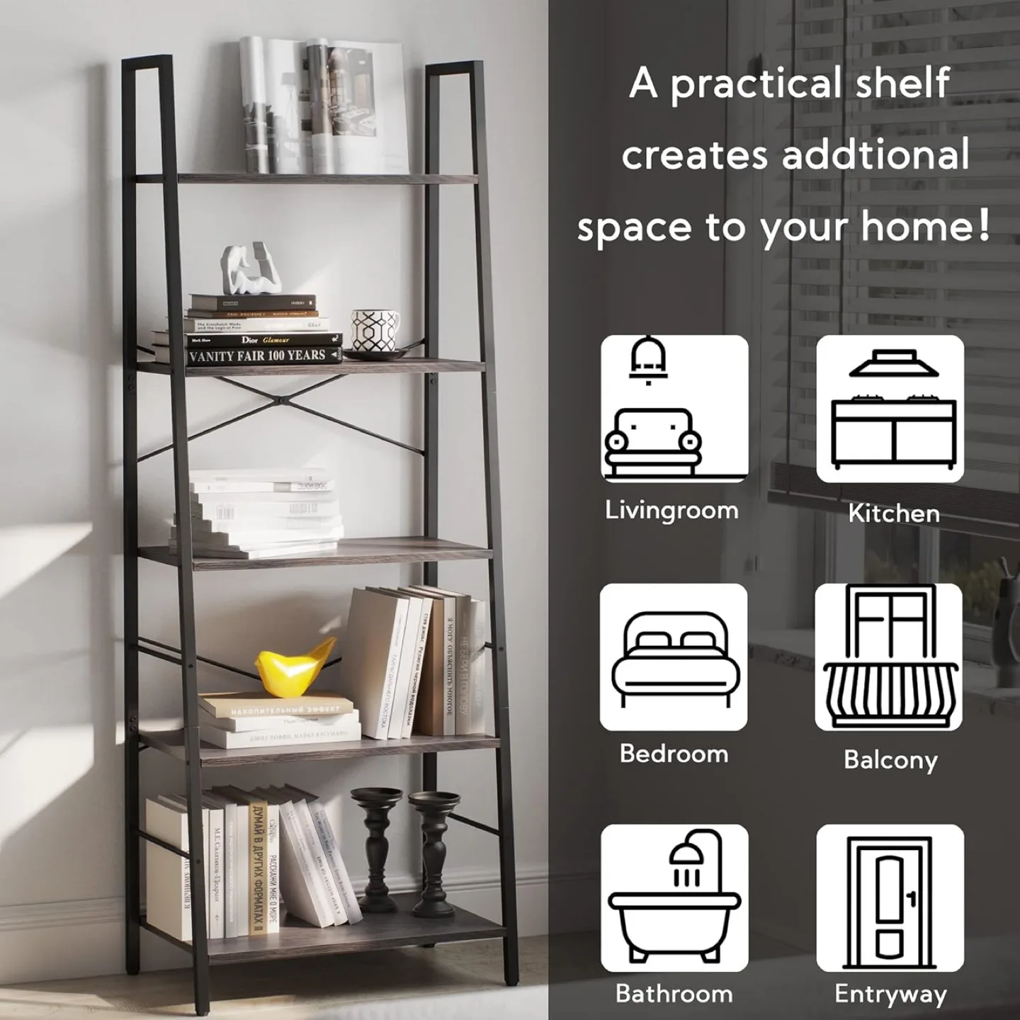 Bookshelf – 5-Tier Ladder Style, Modern & Space-Saving image indicator(5)