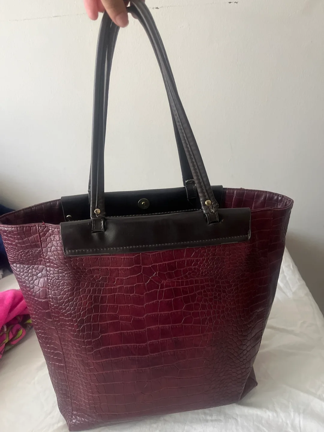 Burgundy faux crocodile tote bag thumbnail