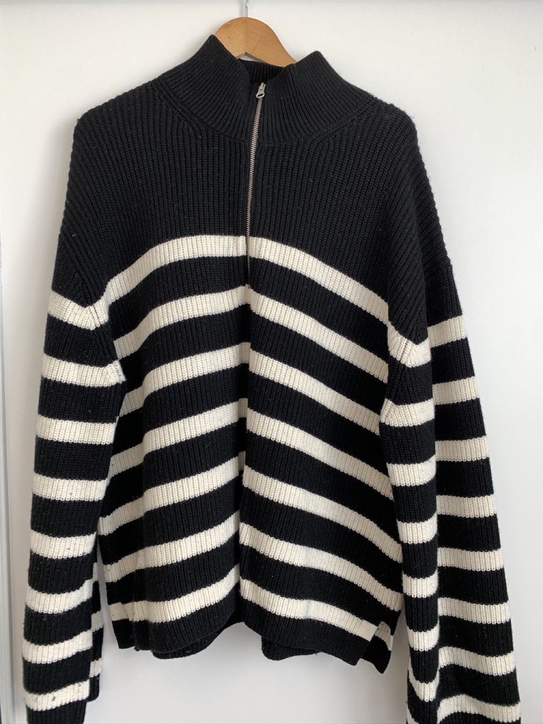Black and White Striped Zip-Up Sweater size L