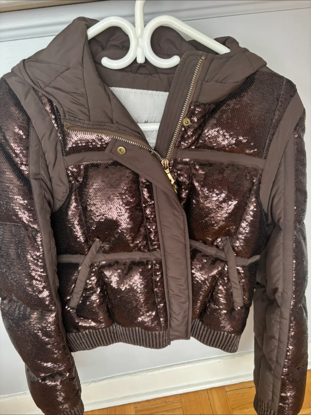 Brown Sequin Puffer Jacket with Hood thumbnail