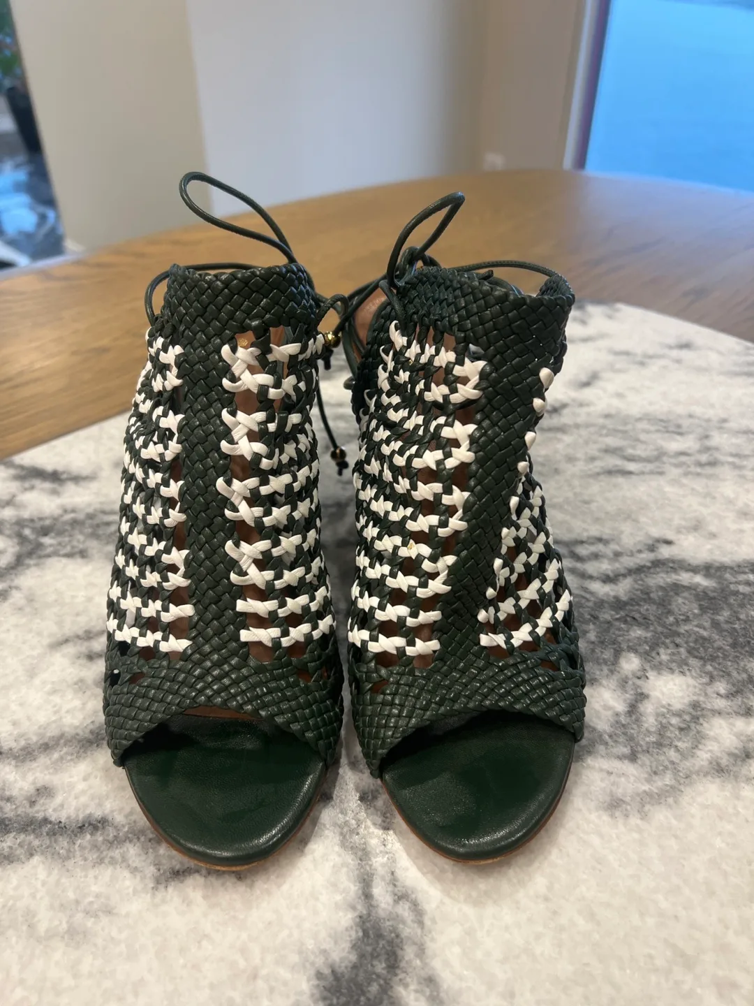 Mulberry Green and White Woven Wedge Sandals thumbnail
