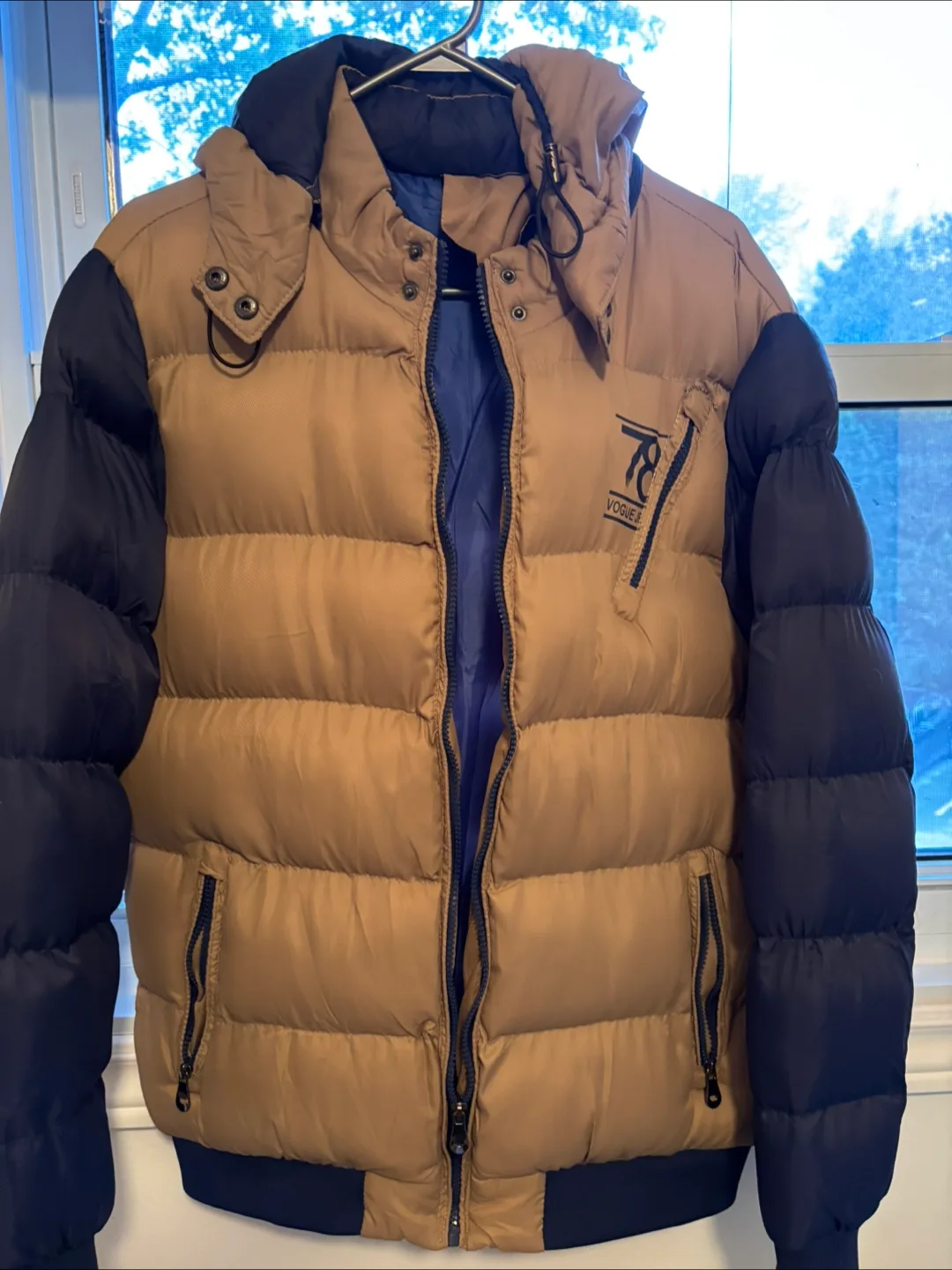 Tan and Navy Puffer Jacket thumbnail