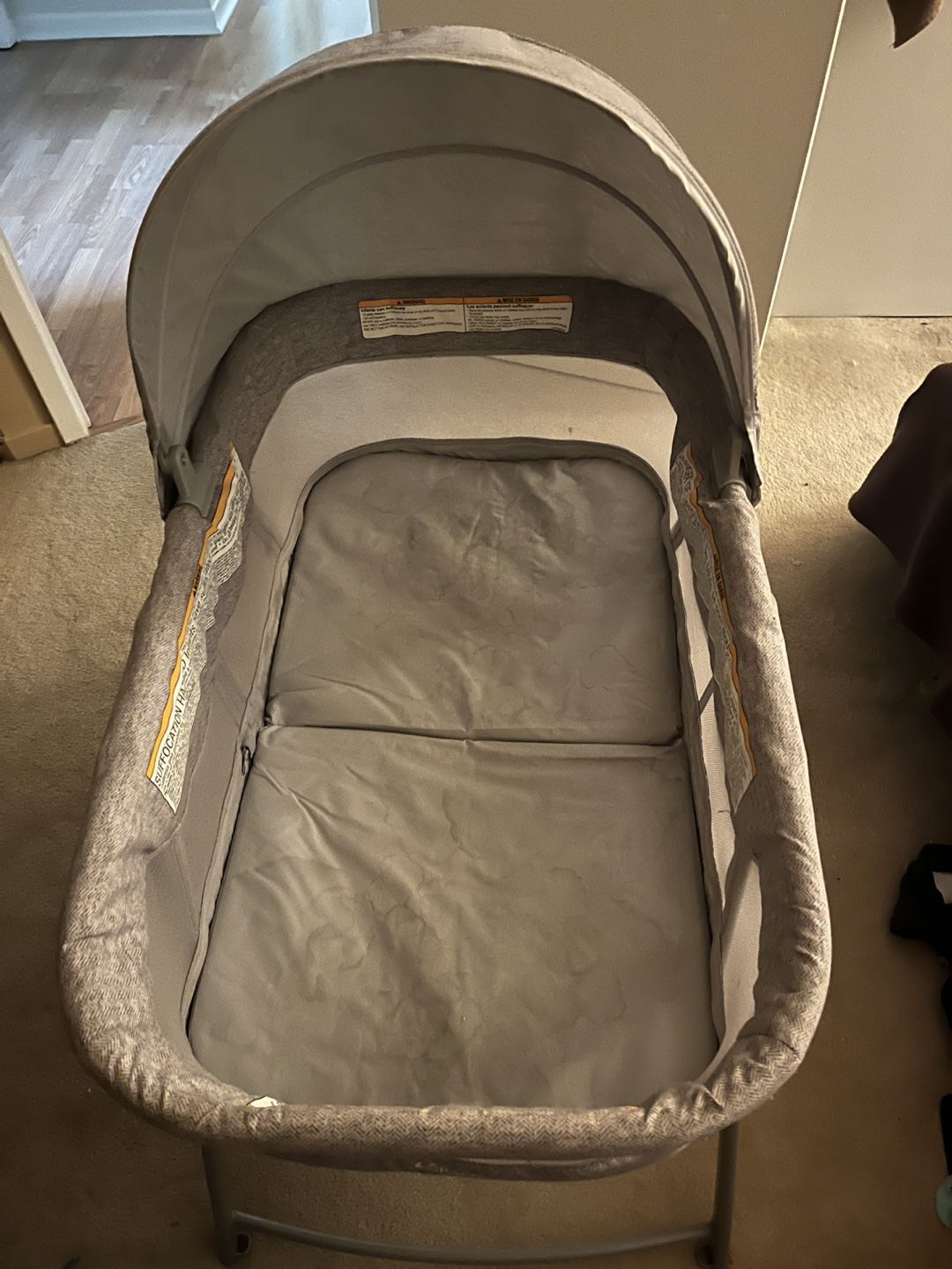 Grey Baby Bassinet with Canopy and vibration.