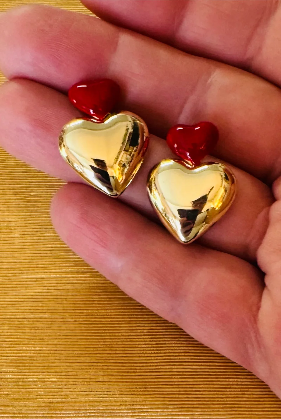 ♥️DOUBLE HEART 14K Gold Plated HAND ENAMELED RED image indicator(2)