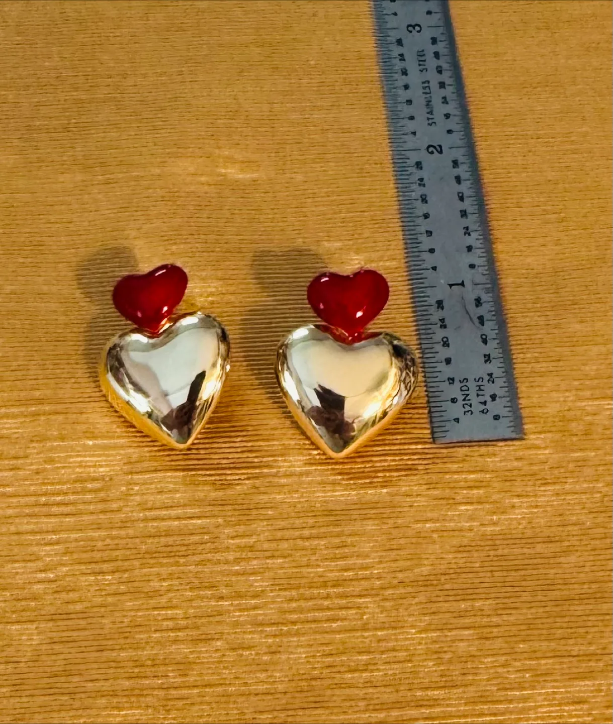 ♥️DOUBLE HEART 14K Gold Plated HAND ENAMELED RED image indicator(3)