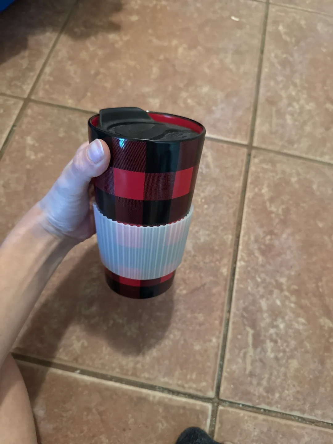 Red and black plaid travel mug thumbnail
