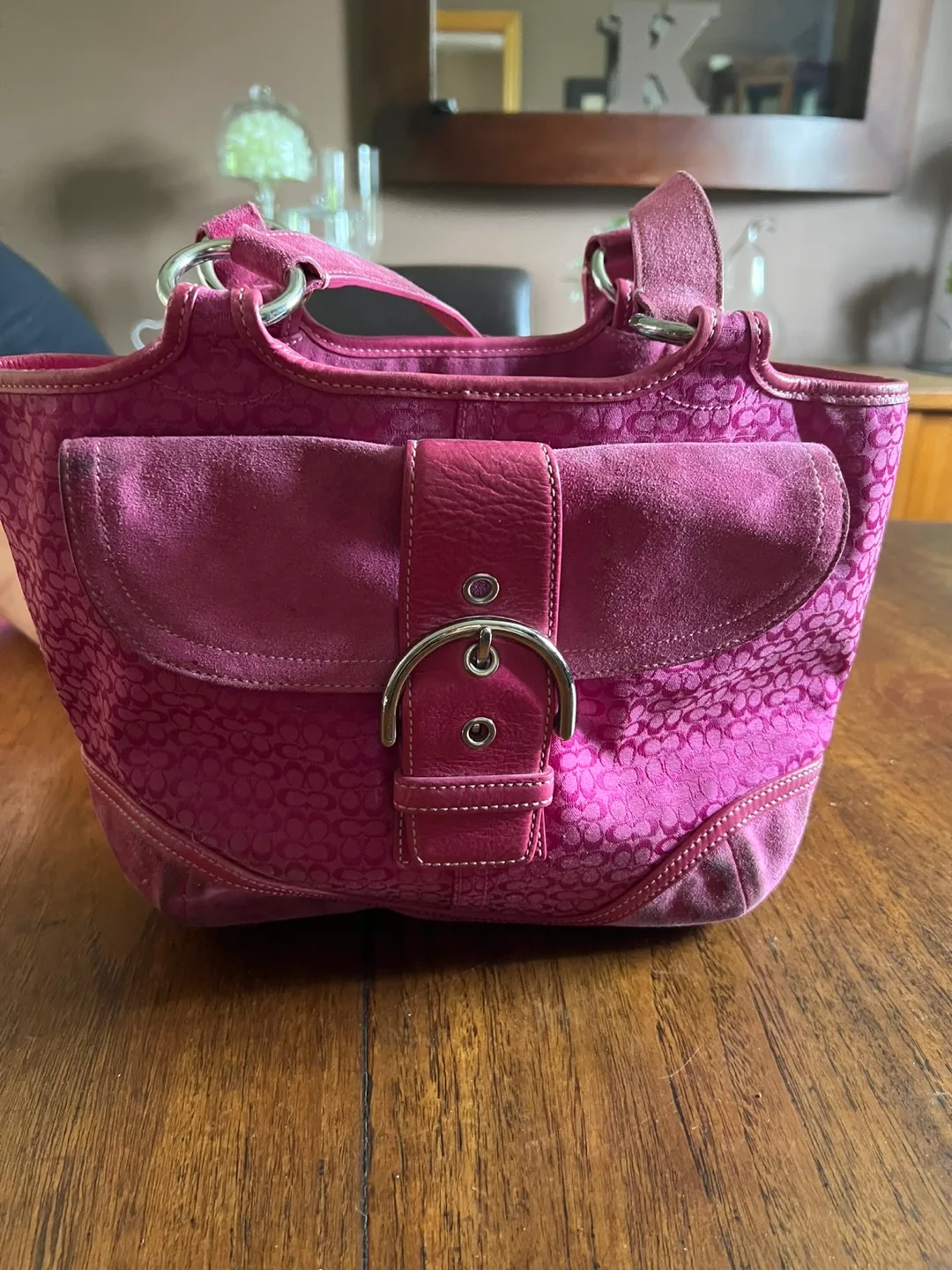 Vintage Authentic Coach Handbag - Pink fabric and Swede thumbnail