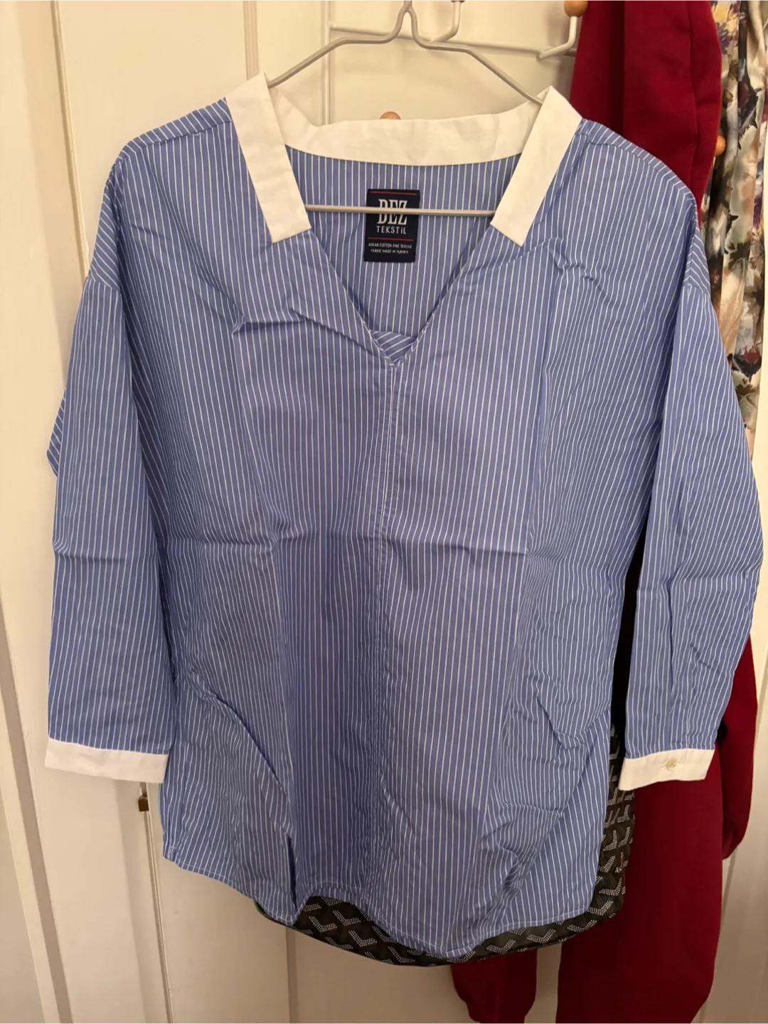 Blue and White Striped Top with White Collar