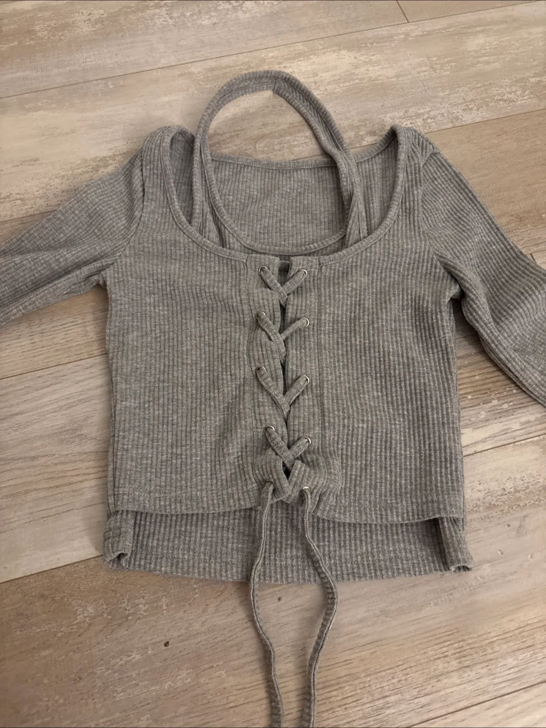 Grey Ribbed Top with Lace-Up Detailing thumbnail
