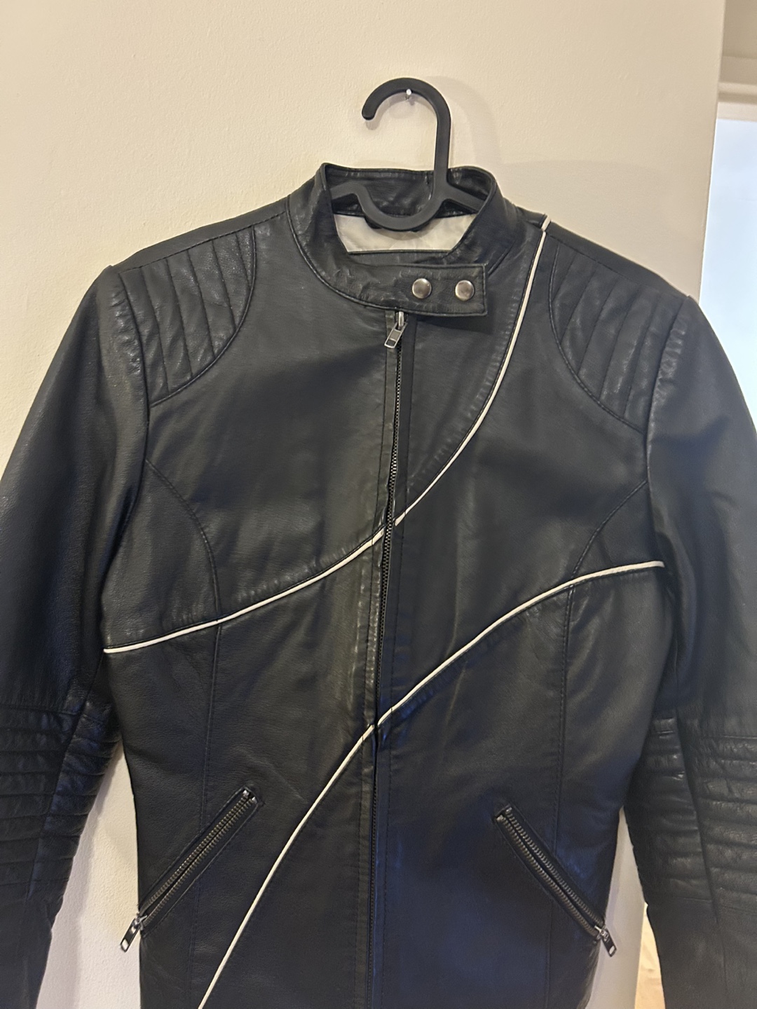 Black Leather Jacket with White Detailing