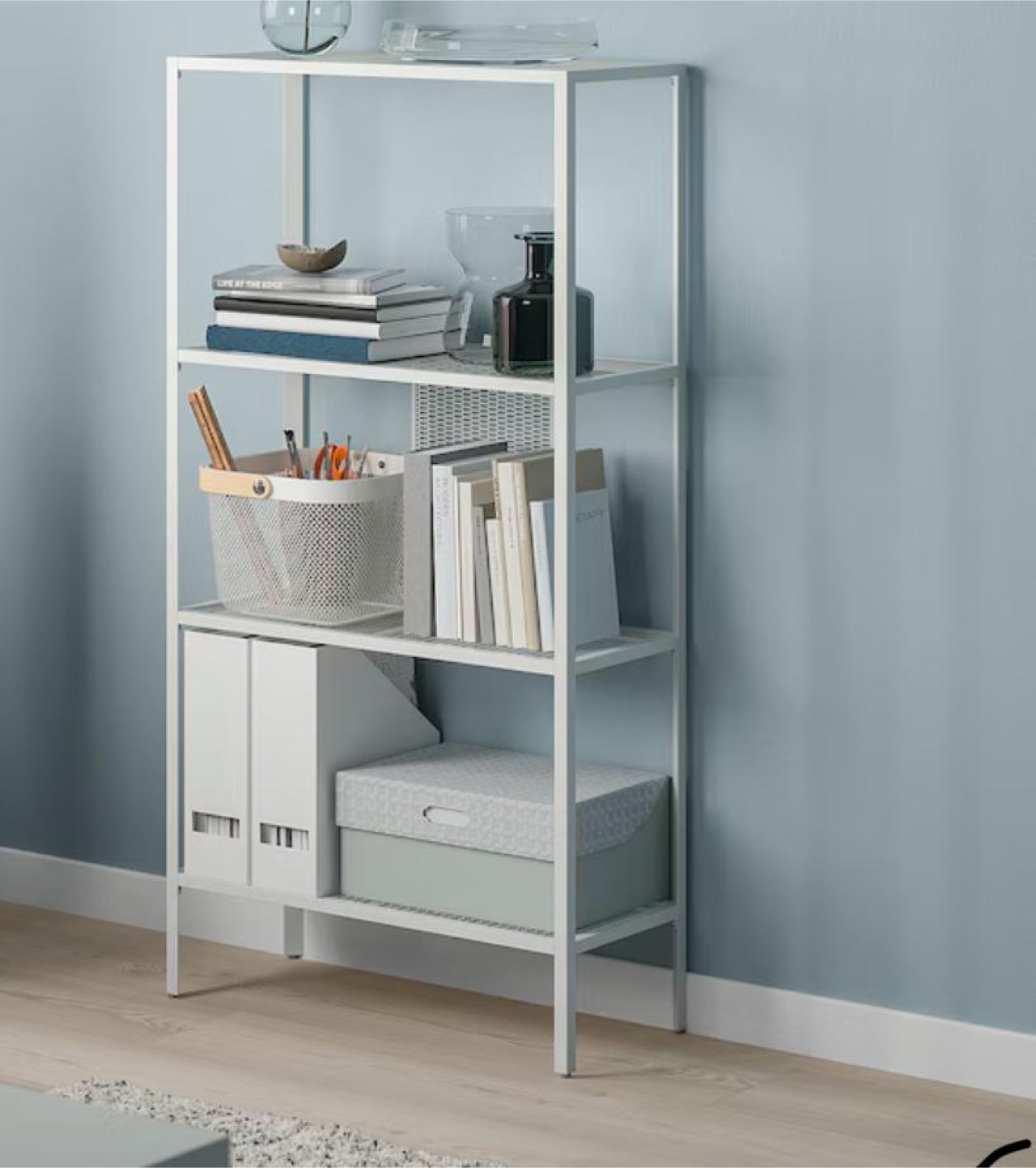 White metal bookshelf