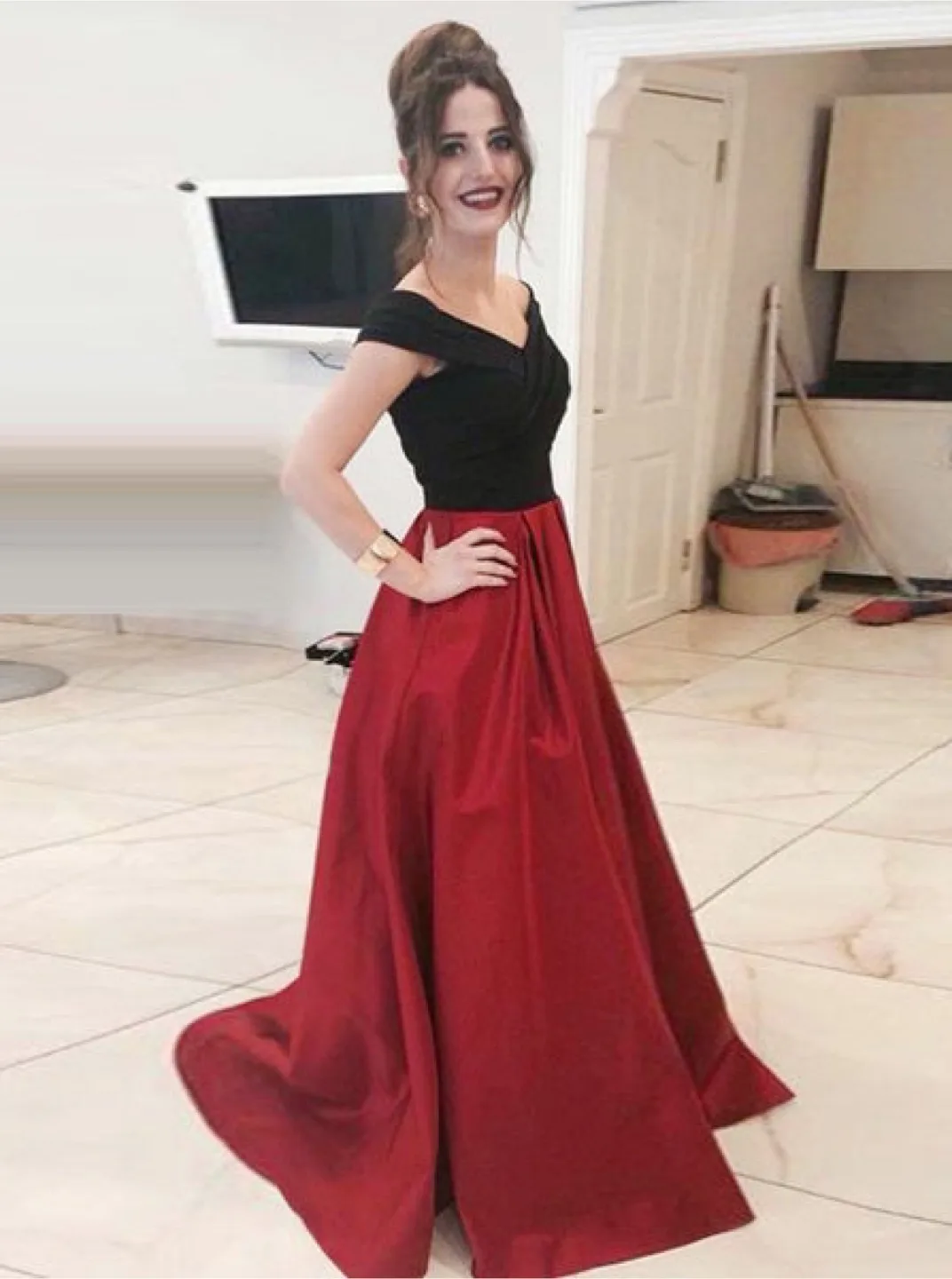 Two-Toned Red and Black Off-Shoulder Dress image indicator(2)
