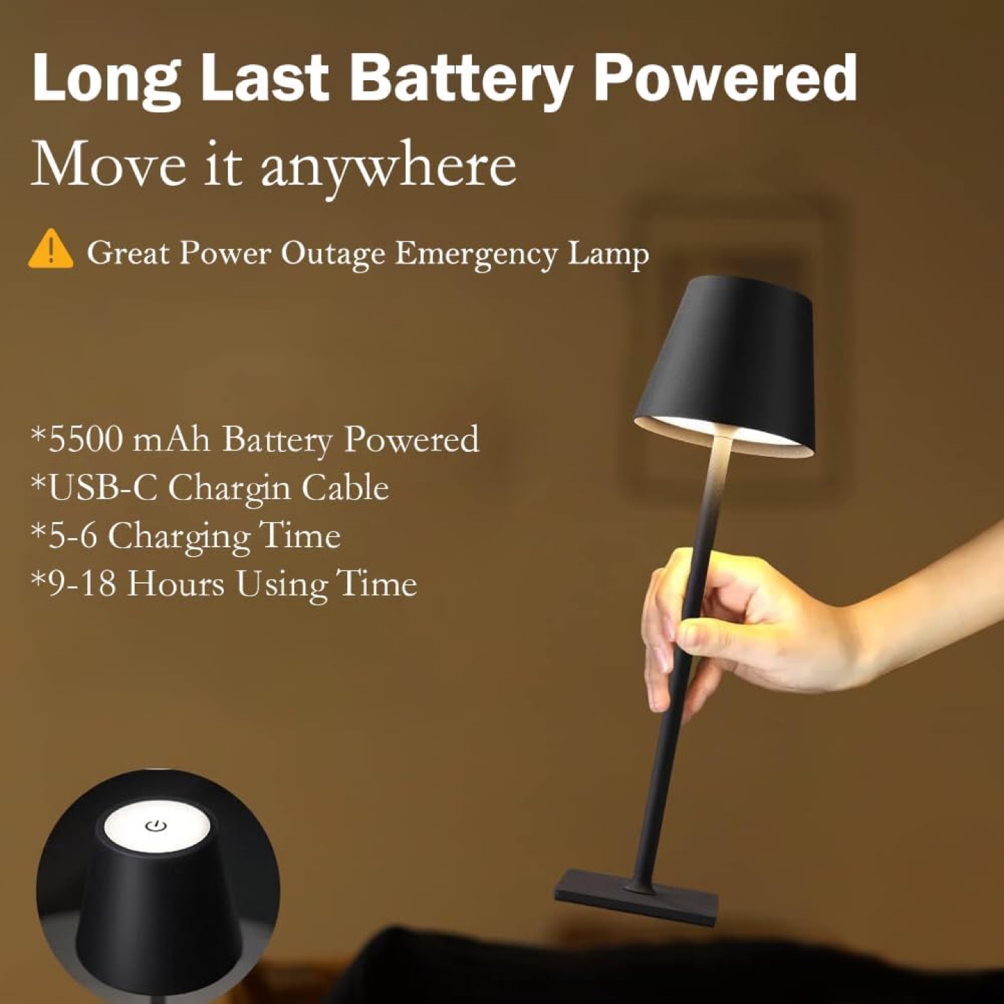Black Cordless Rechargeable Waterproof Table Lamp - photo 4