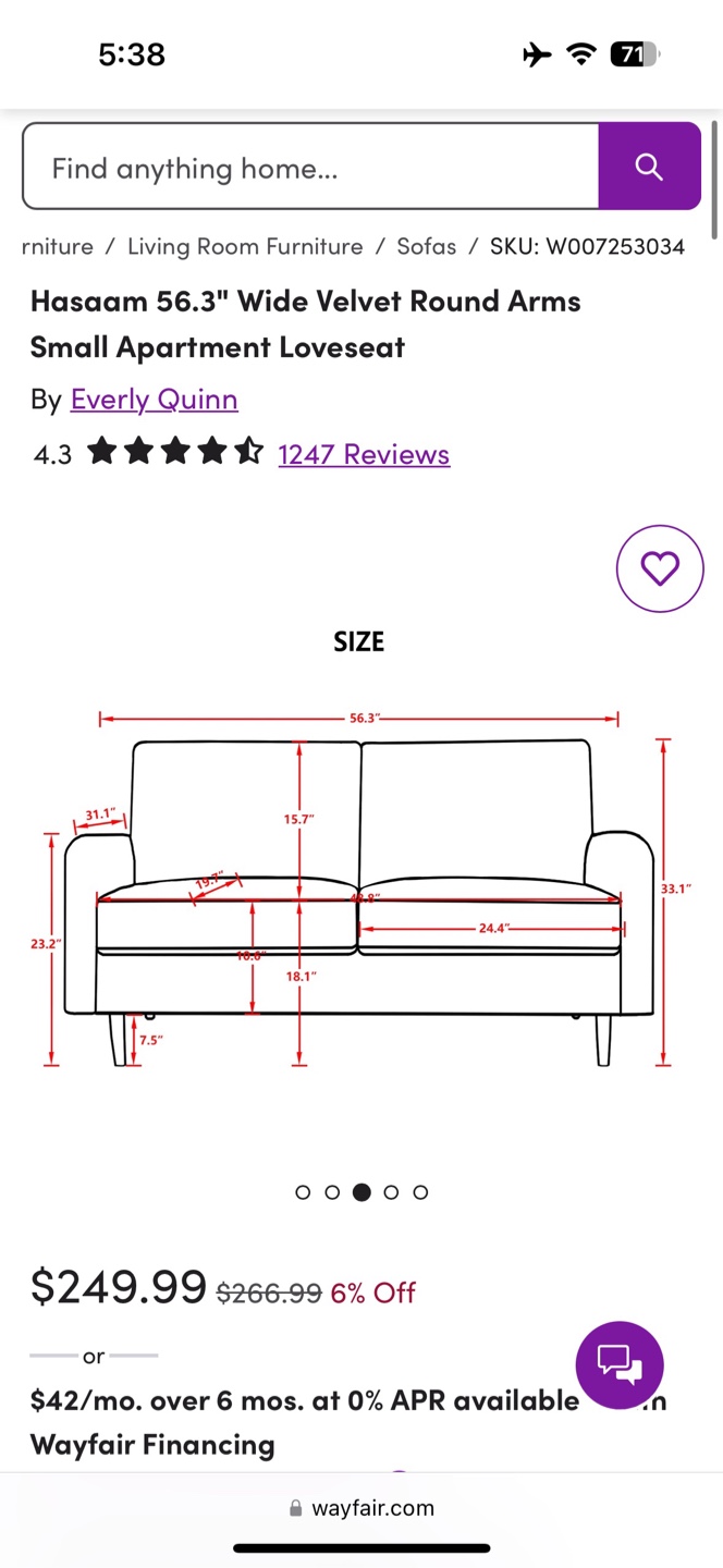 Velvet Loveseat for sale - photo 2