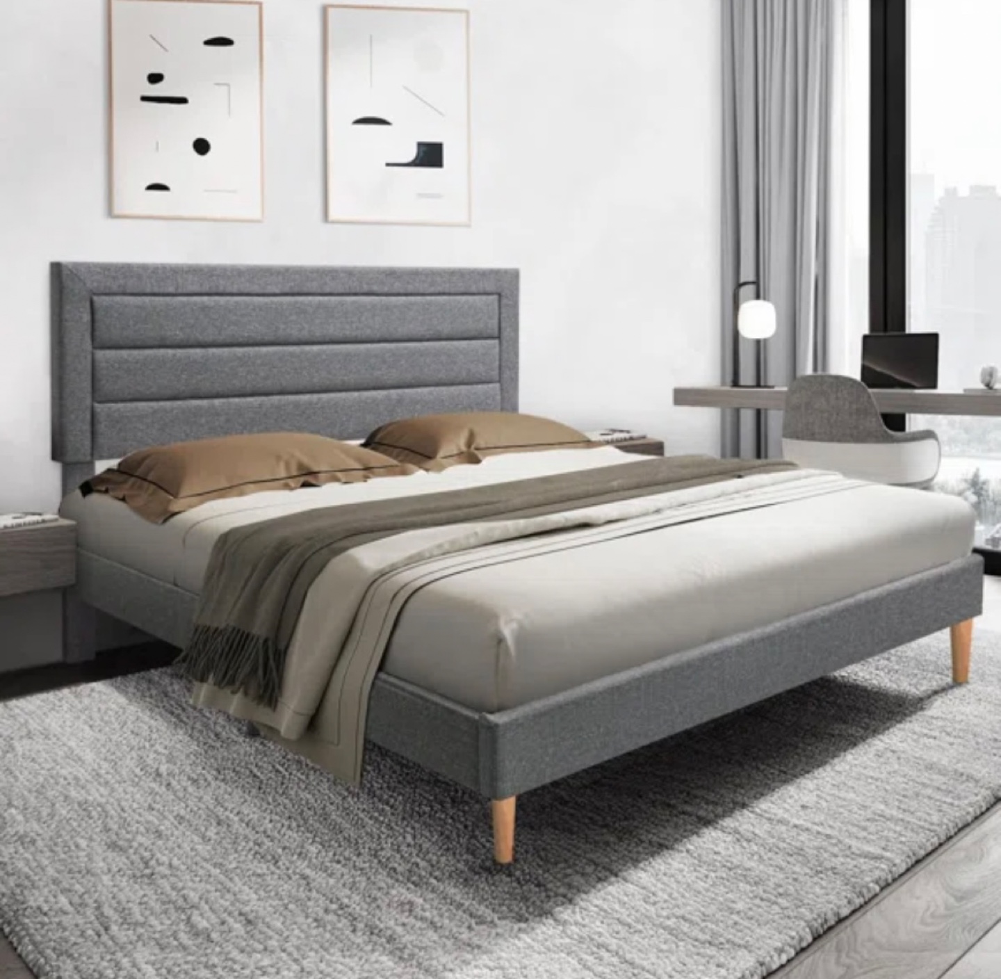 Gray Upholstered Bed - Queen