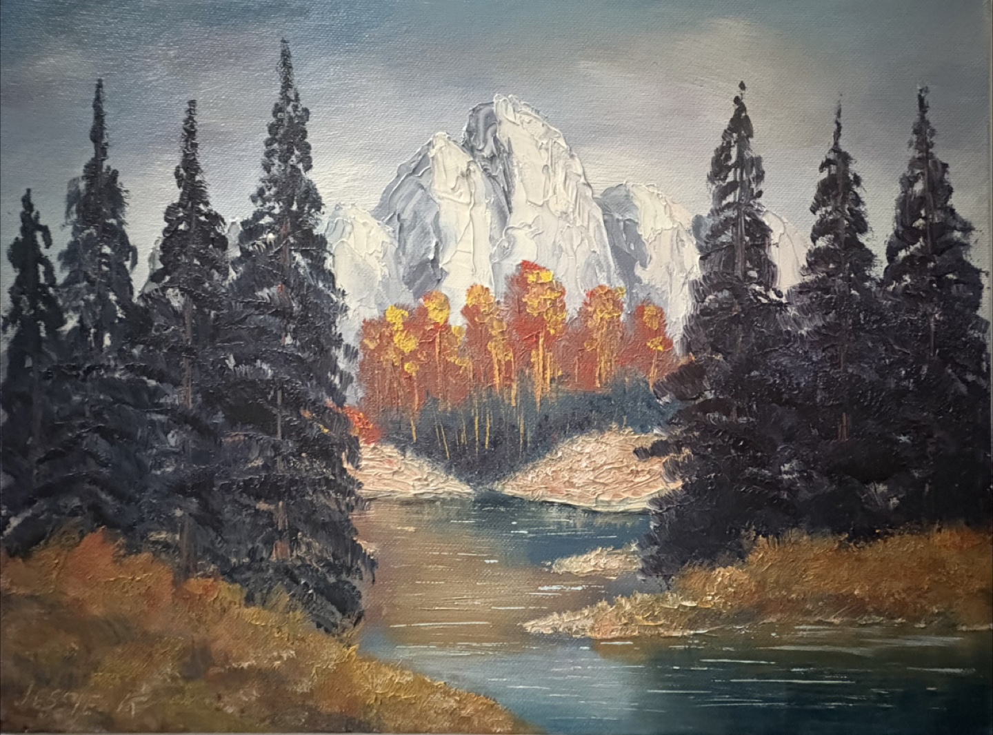 Vintage Oil Painting- Mountains and Stream