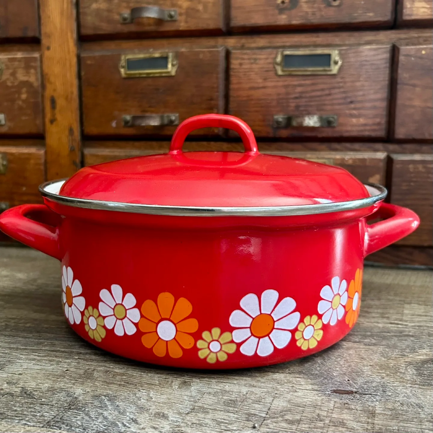 1950s Red Enamel Pot with Lid thumbnail