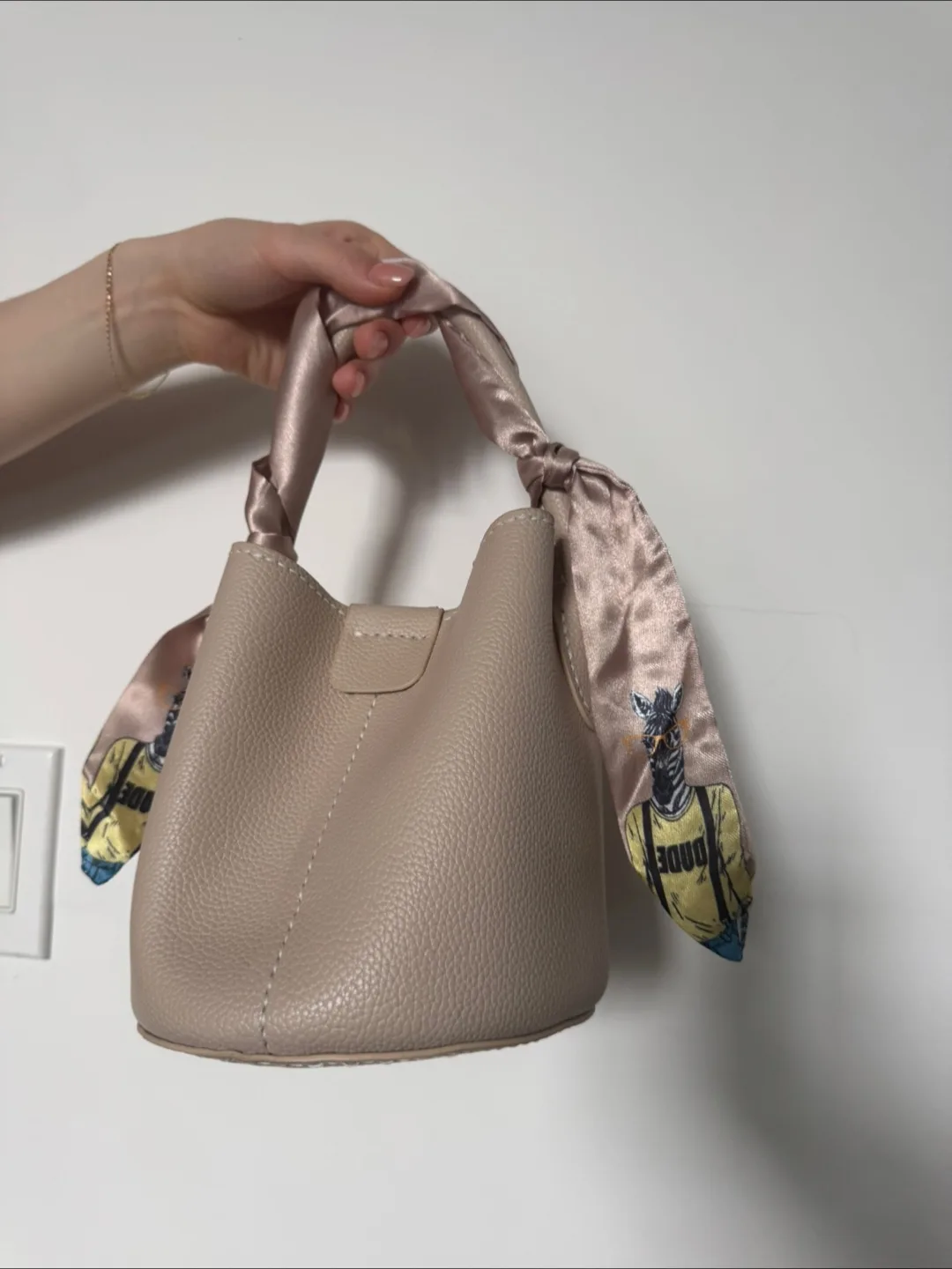 Beige Bucket Bag with Scarf Handle thumbnail