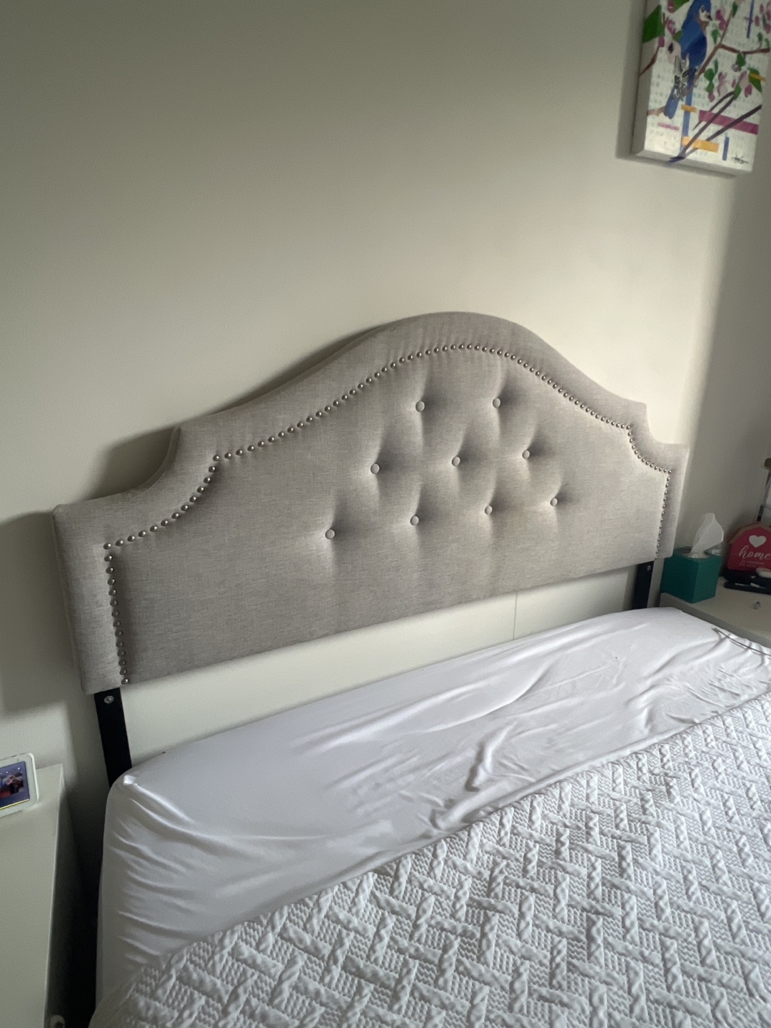 Gray Upholstered Headboard with Studs