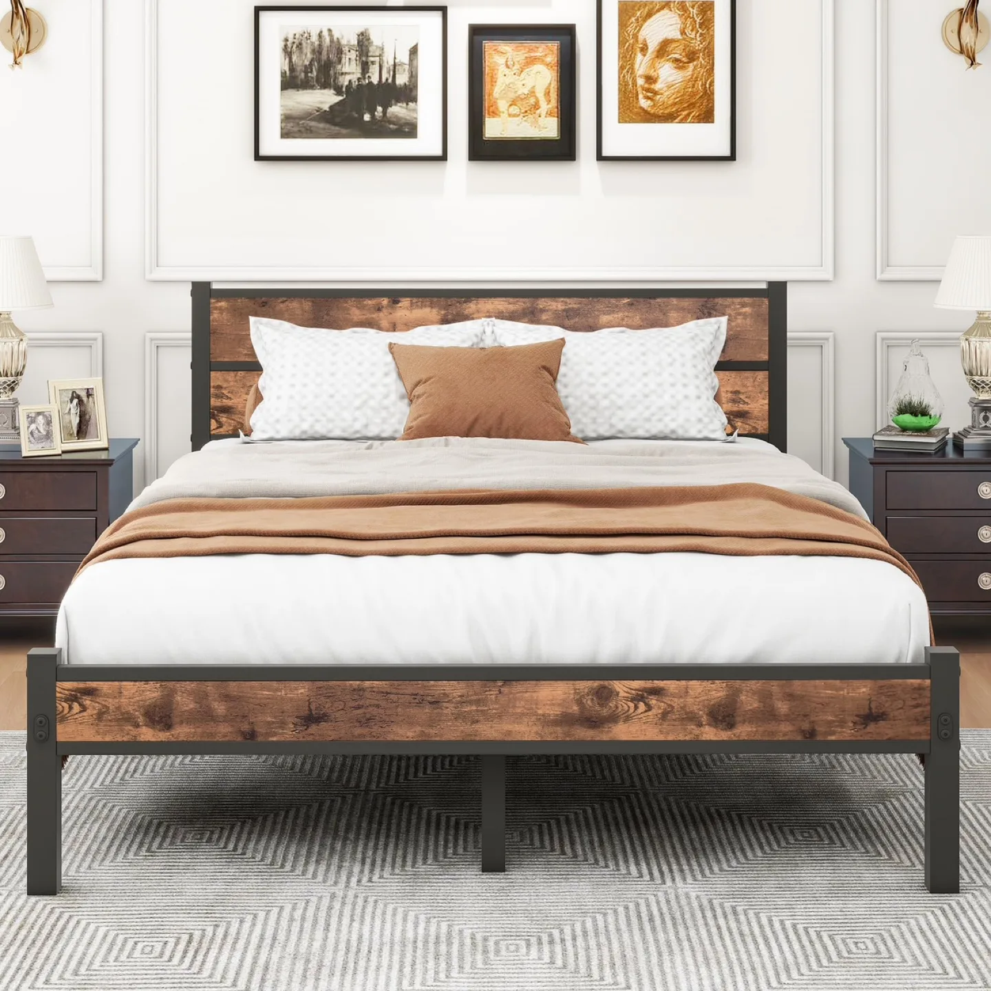Queen Bed Frame with Wood Headboard and Footboard thumbnail
