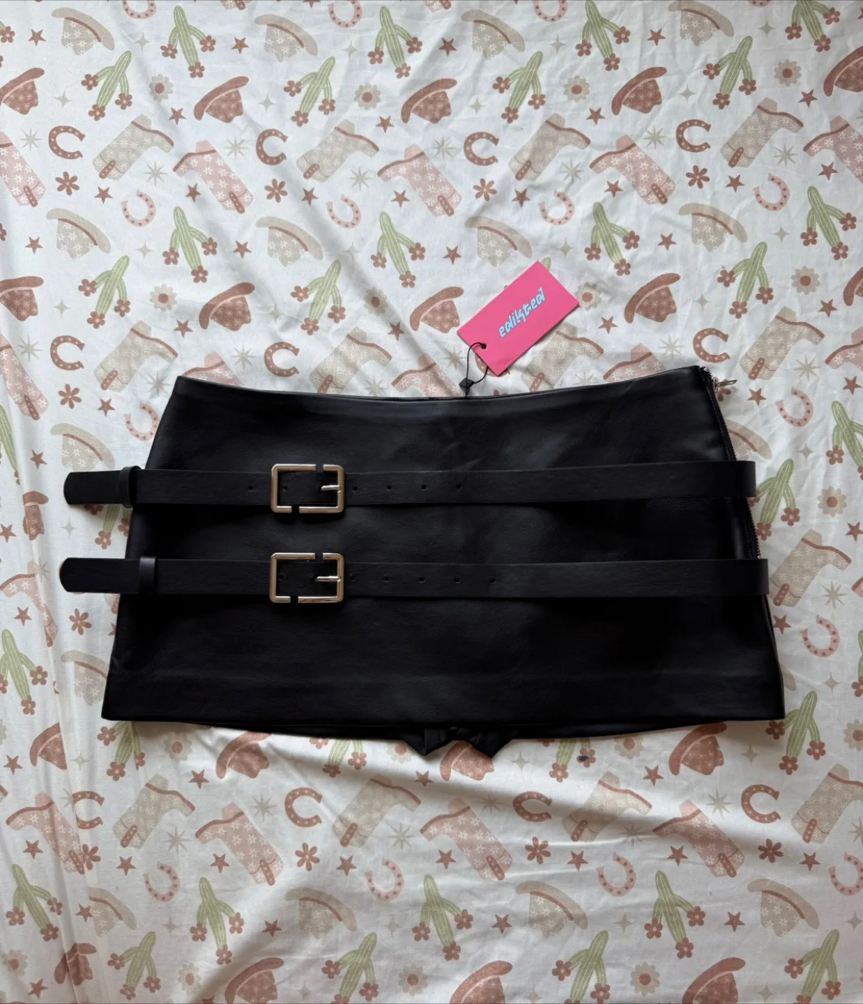 edikted BNWT Faux Leather Black Mini Skirt With Belts thumbnail