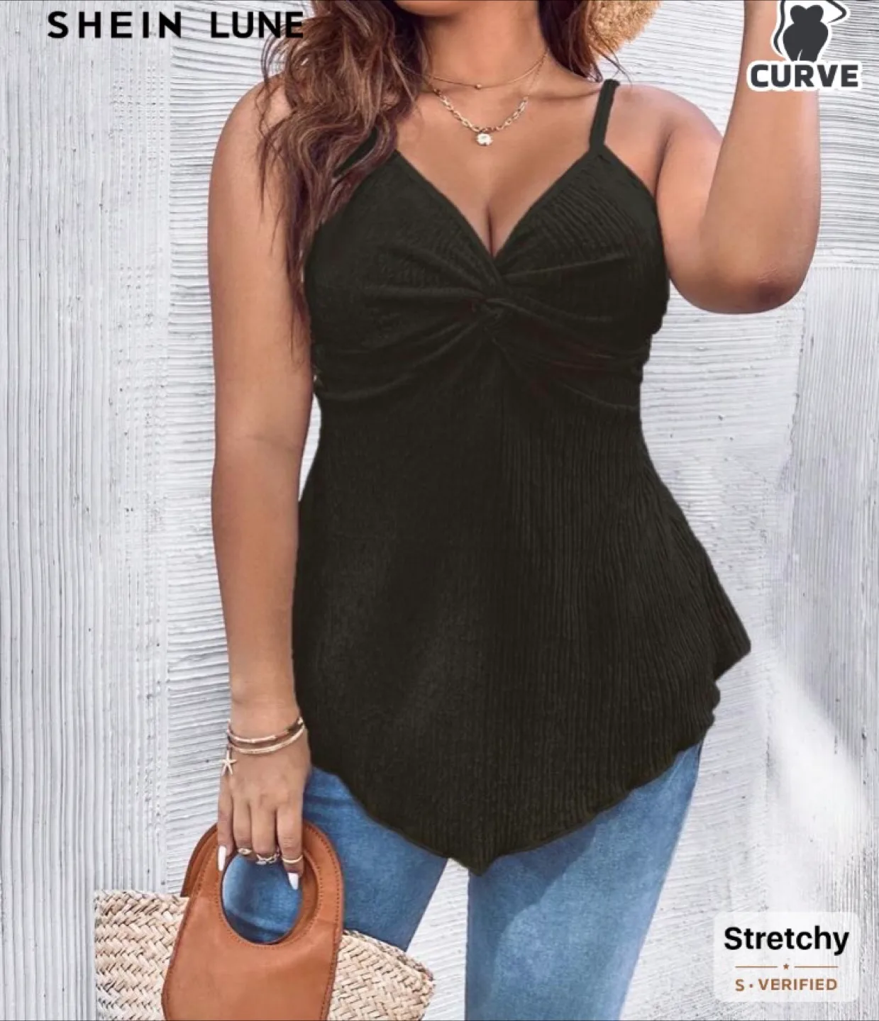 Black Textured Shein Cami w/ Low V-Neck size 1XL thumbnail