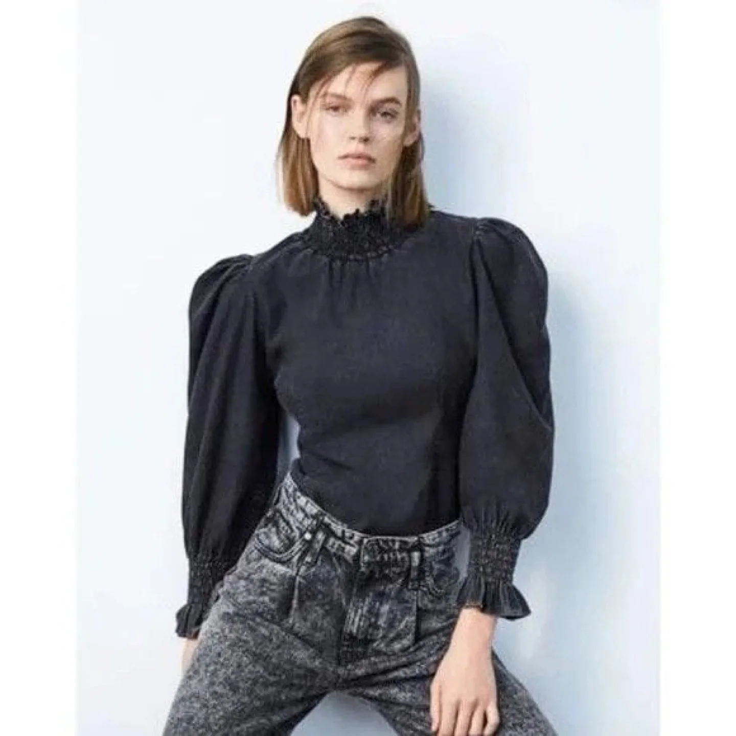 Denim Dress with Ruffled Neck thumbnail