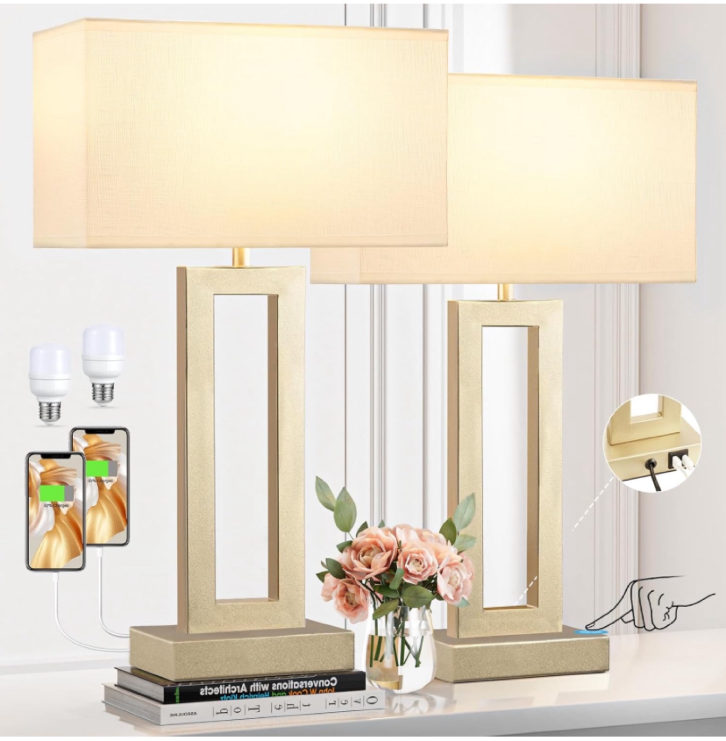 22” Seealle 3 Way touch table lamps with USB- Set of 2 - New
